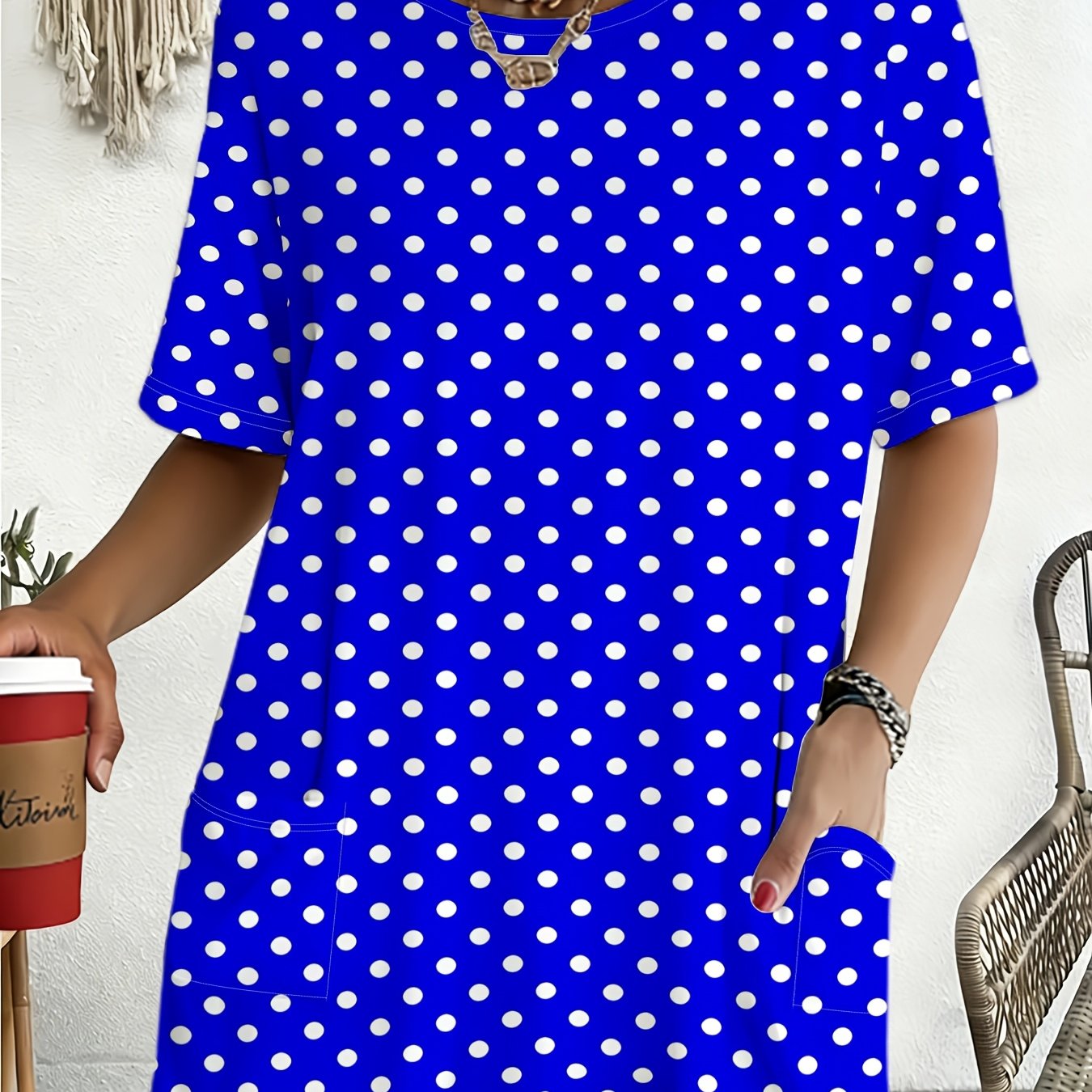 TEMU Women's Blue Polka Dot Loose-fit Short-sleeve T-shirt, Summer Casual Crew Neck Top, Plus Size Printed Base Layer