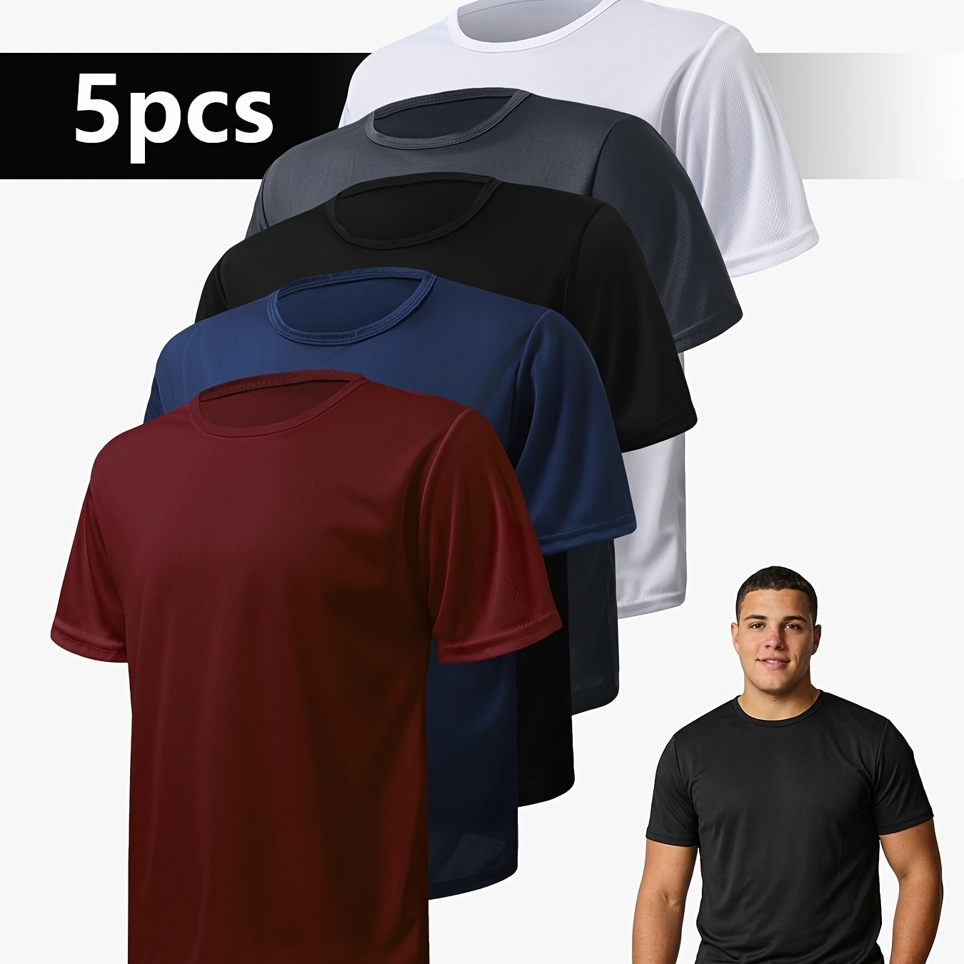 TEMU 5pcs Set, Suitable For Fitness, Gym, And Running, Round Neck T-shirt, Plus Size Men's Round Neck Short Sleeved T-shirt - Quick Drying,