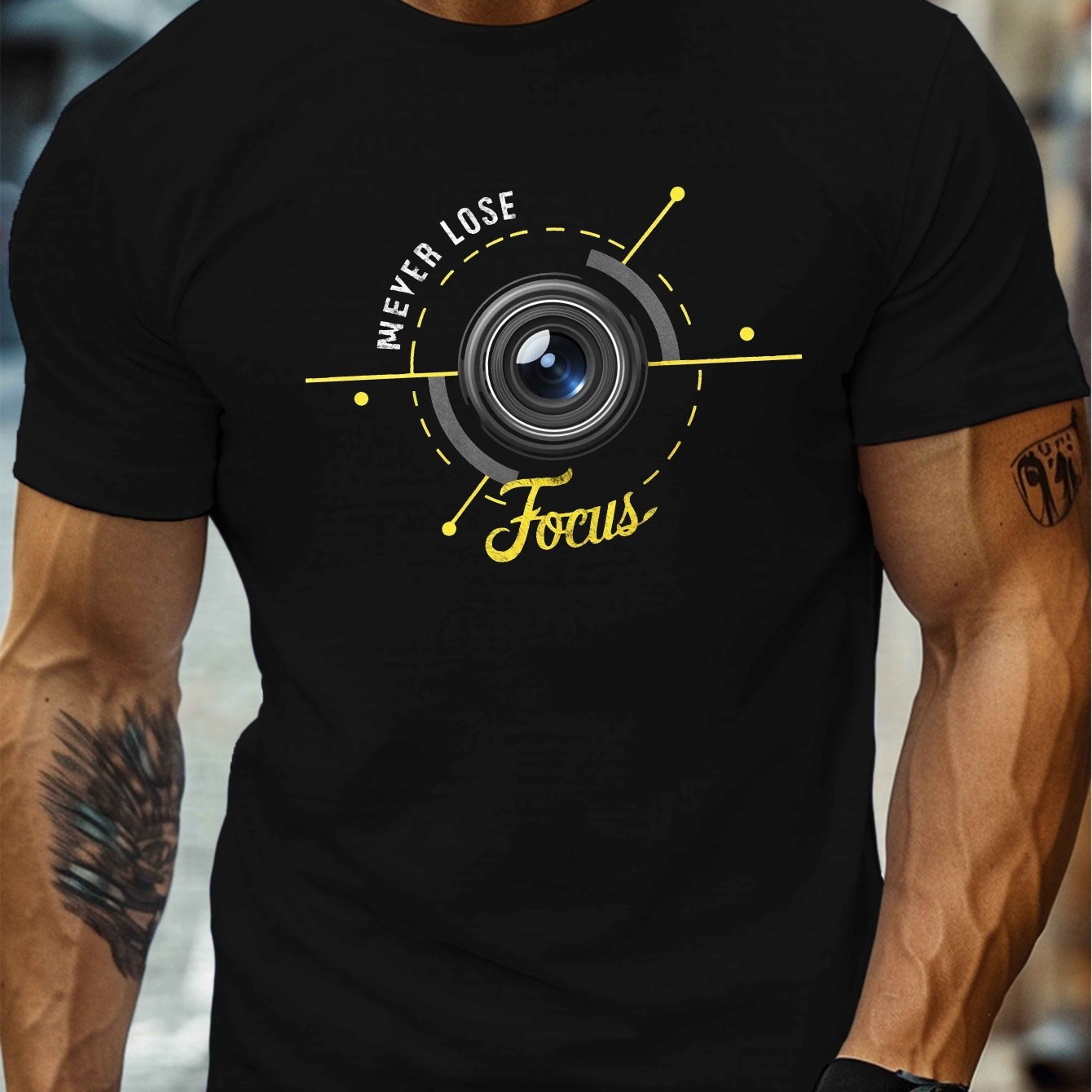 TEMU 1pc Men's Casual Crew Neck T-shirt With " Focus" Camera Motivation Print, Polyester Knit Fabric, Stretch, Regular Fit, Geometric Pattern, Summer
