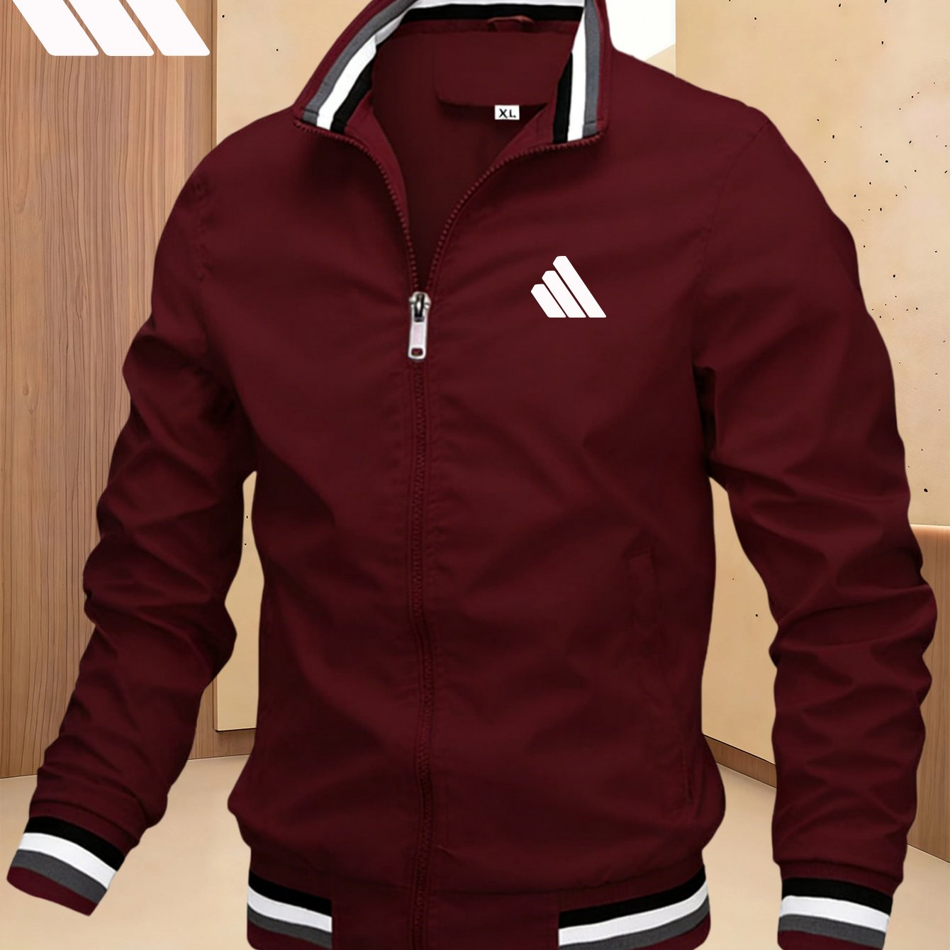 TEMU Men's Sports Solid Color Collar Jacket, Color Striped Rib Hem, Lightweight And Windproof, Creative Three-bar Elements, Suitable For Jogging And