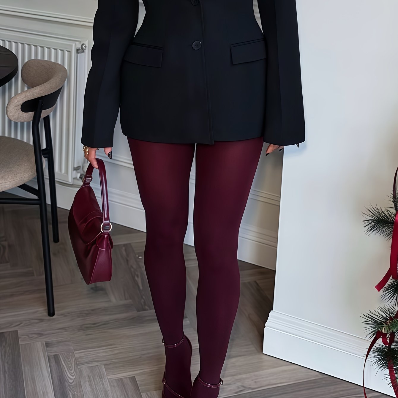 TEMU Women's Wine Red Matte Velvet Vintage Tights - High-elasticity Elegant Fashion Tights, For Parties Gatherings