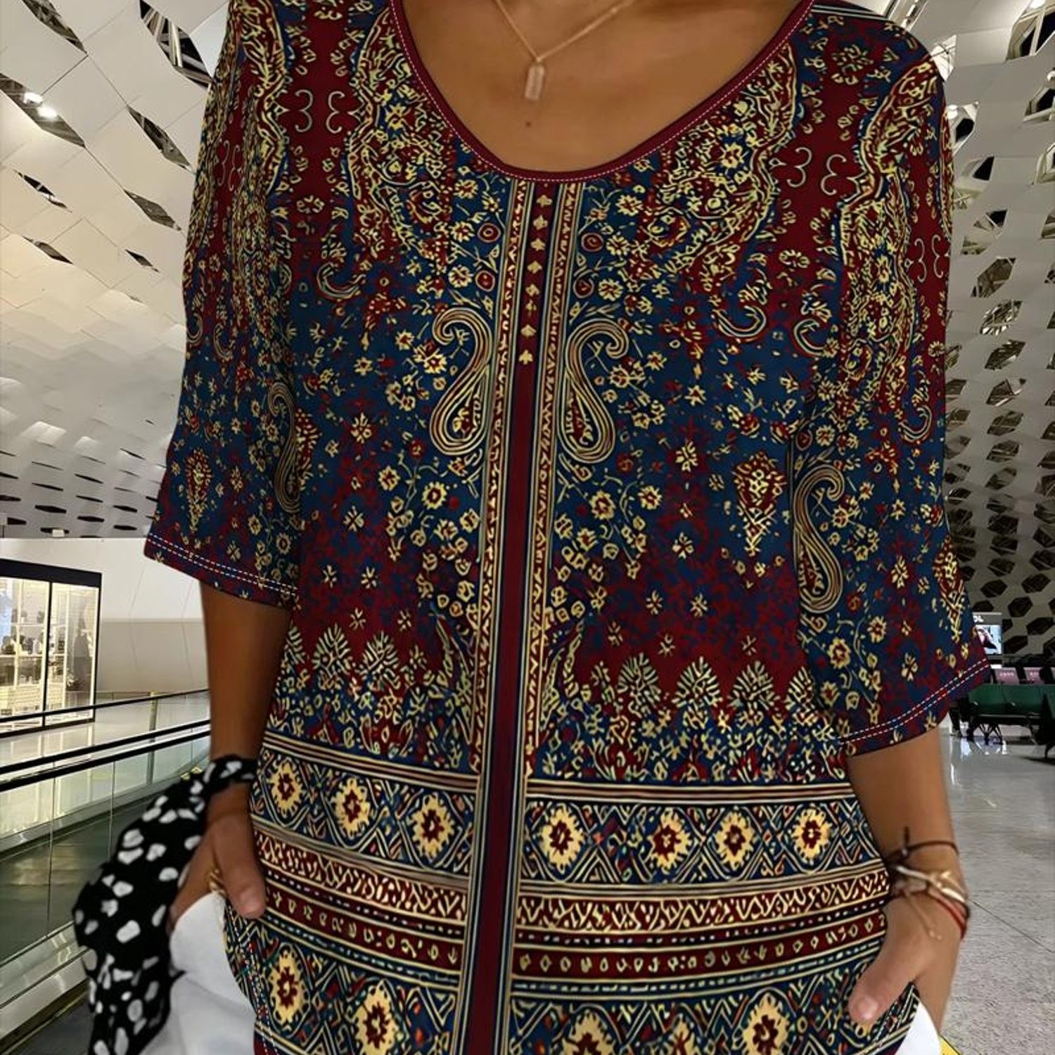 TEMU Plus Size, Plus-size Women's Top, Mixed Colors, Multiple Sizes , Ornate Pattern, Persian-indian Style Textile Design, Suitable For Daily Wear,