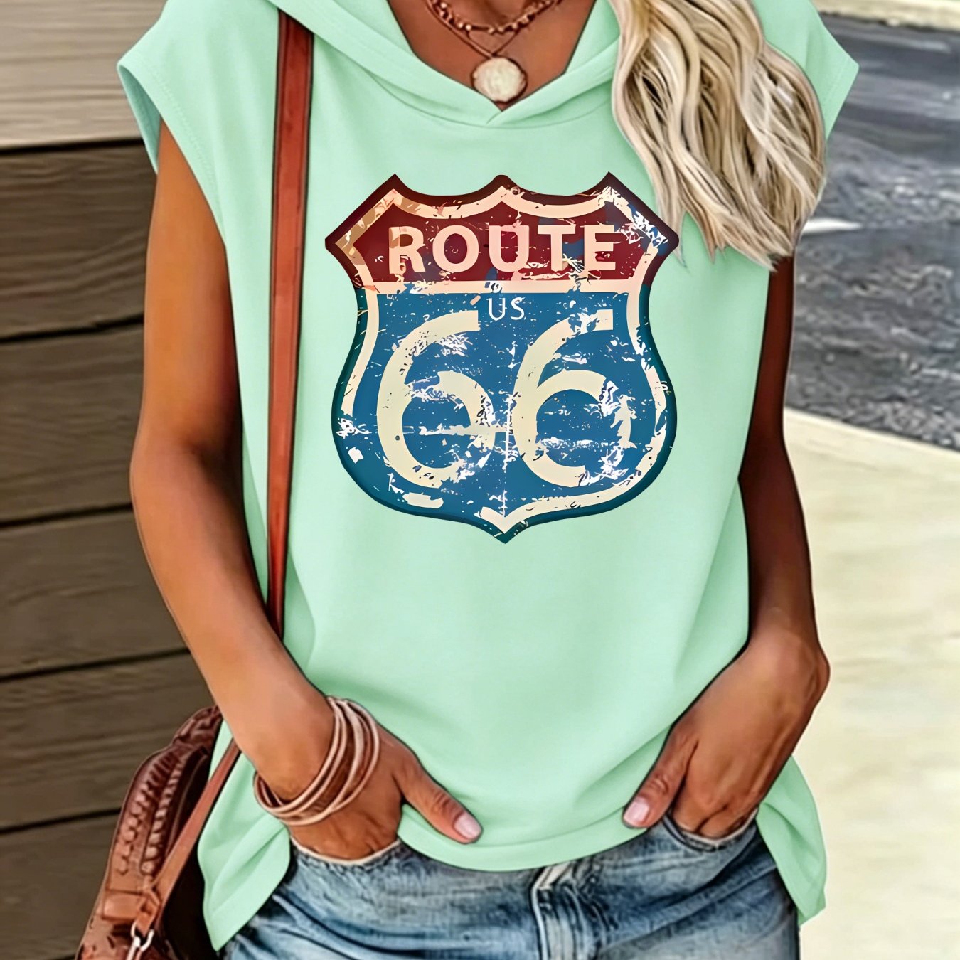 TEMU Loose Fit Comfortable Hooded Design Vintage Style Highway Sign Printed Design Printed Pattern Comfortable All-match Style Summer New Y2k Style