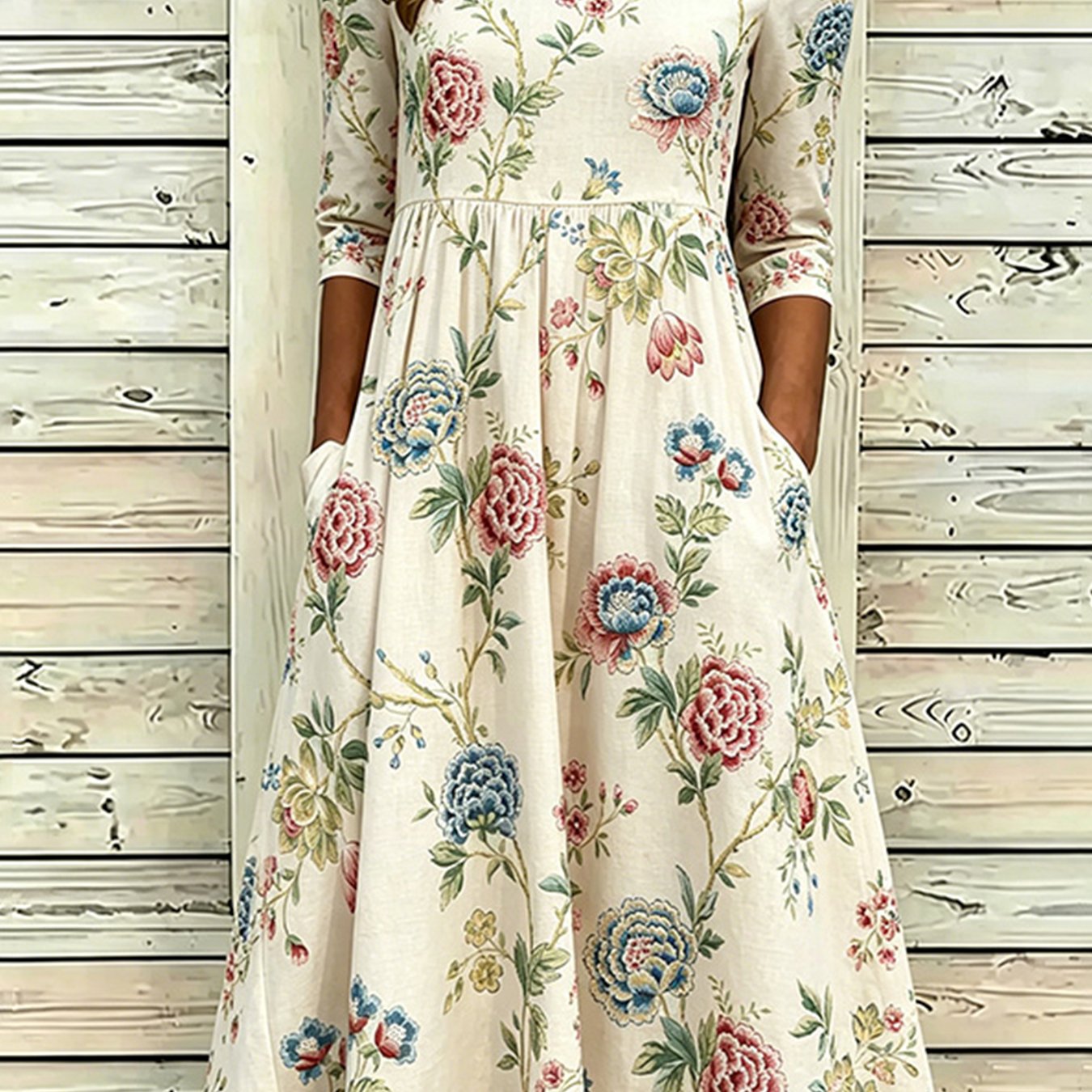Women's Floral Prints 3/4 Sleeve Midi Dress, Elegant Round Neck Beach Dress For , Best Gift For