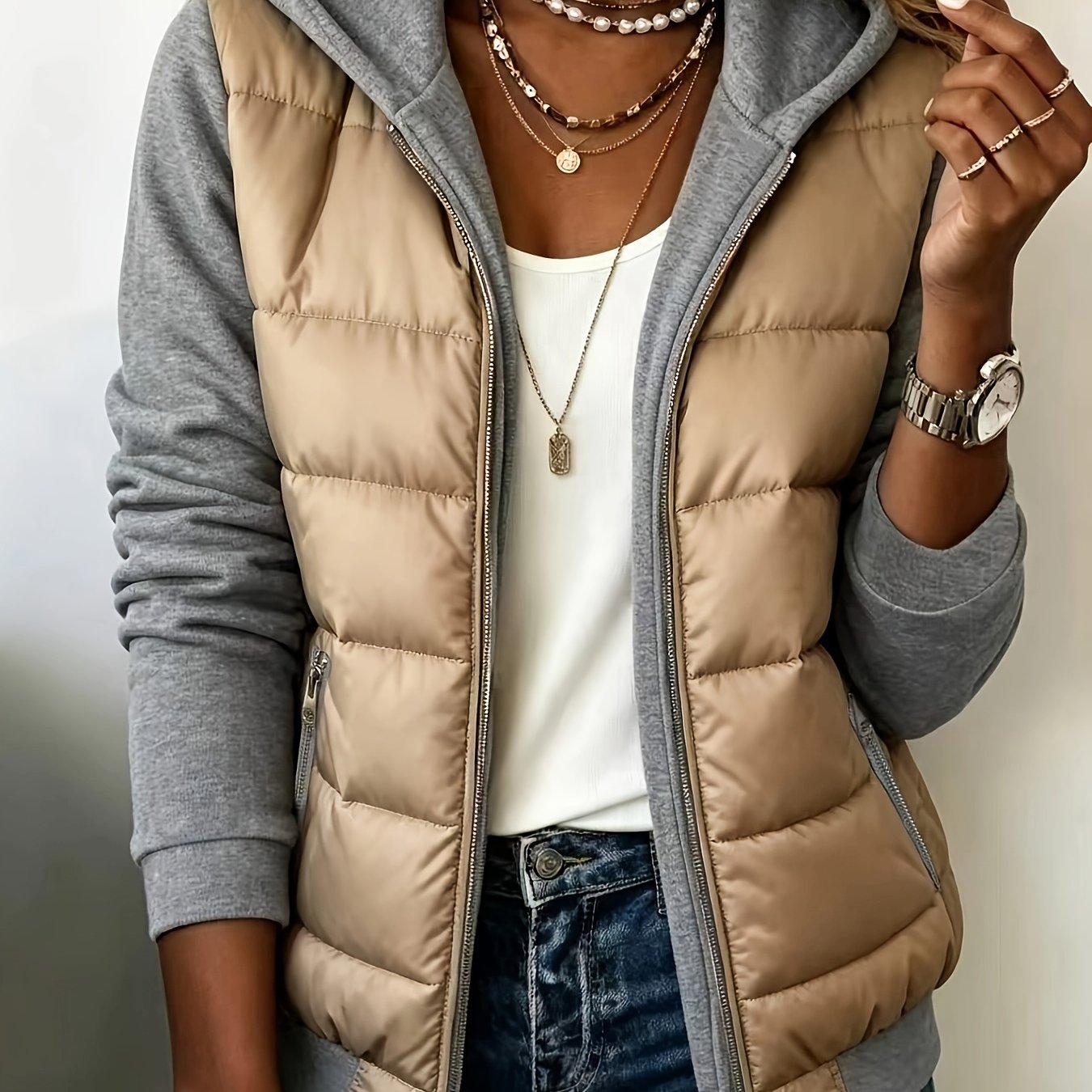TEMU Herbst/Winter Damen Steppjacke mit Kapuze, gesplissten Ärmeln Wattierung, modisches, warmes Pendler-Top im 2-in-1-Look