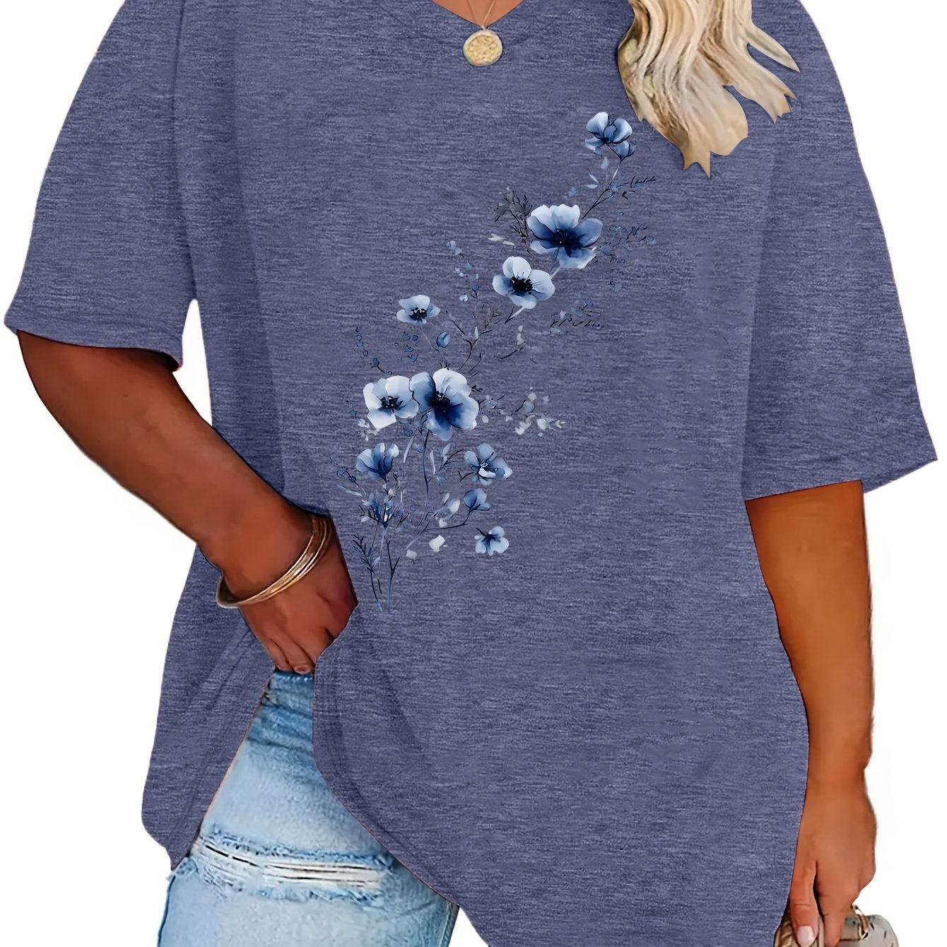 TEMU Plus Size, /summer Plus Size Women's Fashion Blue Floral "wild Growth" Print Loose Drop-shoulder Half-sleeve T-shirt, High-quality Women's Top,