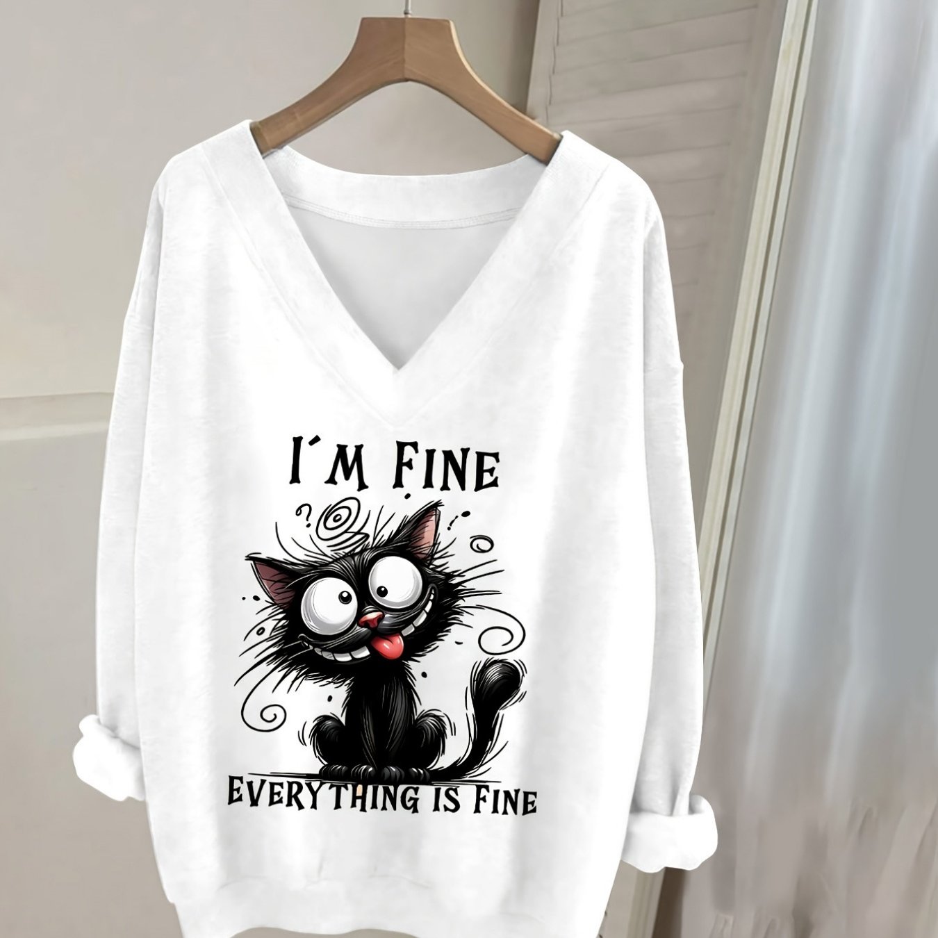 TEMU A Casual V-neck Long-sleeved Sweatshirt With Cat Letter Printing, Women's Clothing, Long-sleeved Sweater, Long-sleeved Top, Fashion Top.