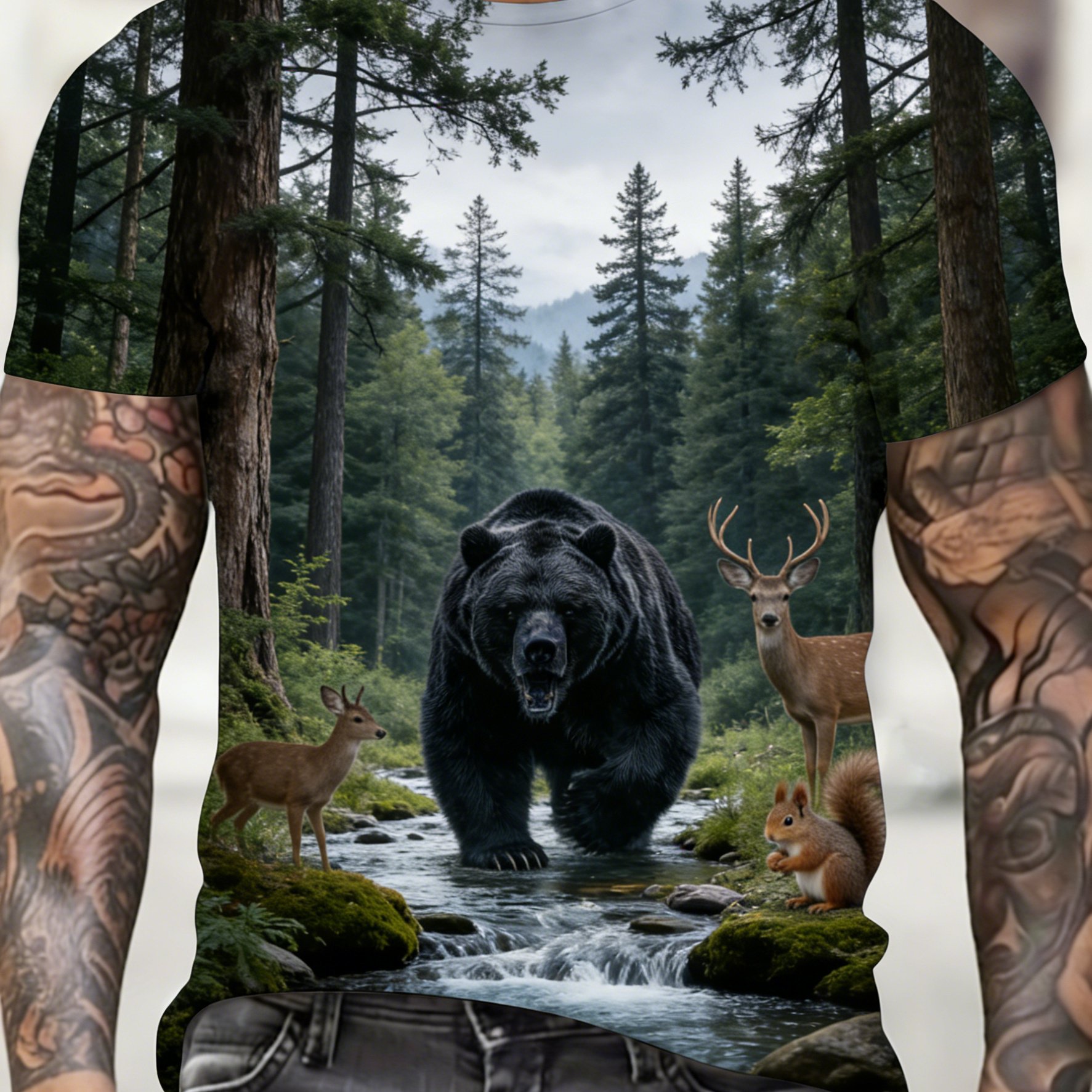 TEMU Men's Plus Size Full-body Forest Bear Print T-shirt - Short Sleeve Round Neck Casual Tee Suitable For Outdoor, Camping & Casual Attire, Machine