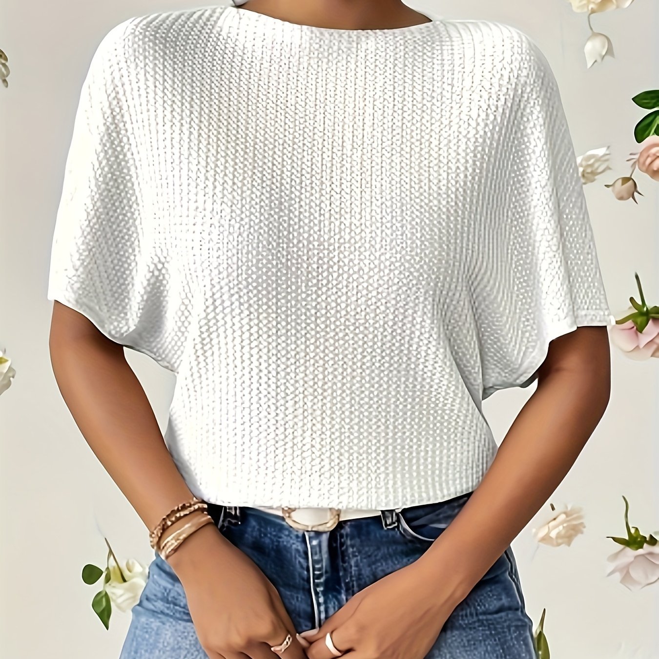 E-shop Lässiges, süßes Damen-Jacquard-T-Shirt-Top in einfarbiger Ausführung, lockere Passform, Rundhalsausschnitt, für die tägliche Freizeit