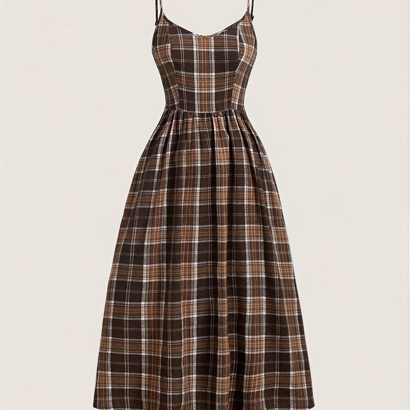 TEMU Elegant Vintage-inspired Plaid Midi Dress With Spaghetti Straps - Polyester, Machine Washable