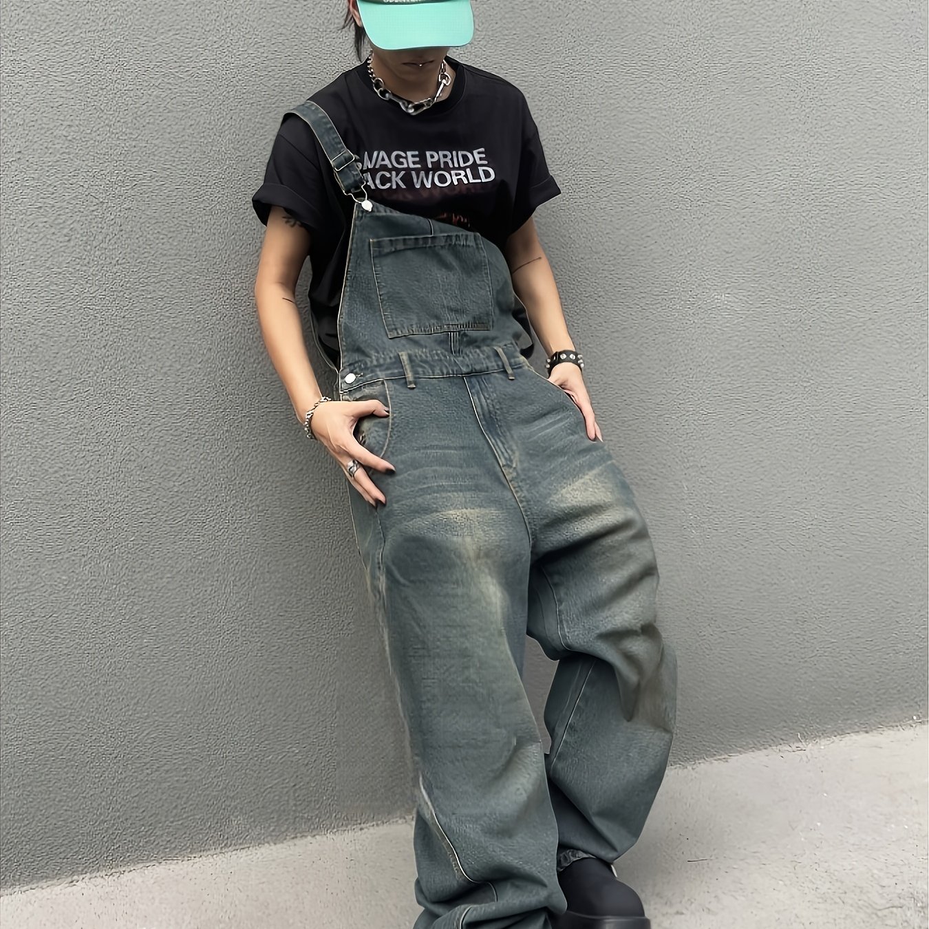 TEMU [hme] Fashion Men's Denim Overalls, Featuring A Distressed Large , Retro Washed And Polished White, Street Fashion Brand Hip-hop Style, Loose