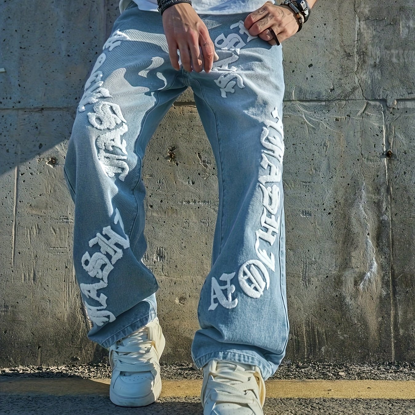 Men's Jeans Loose Letter Towel Embroidery Design Washed Distressed Straight Leg Trousers