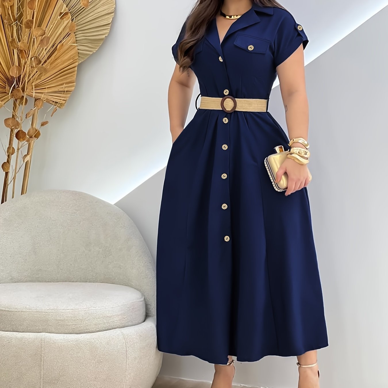 TEMU Summer New Elegant Fashion Commuter Versatile Party Women's Dress With Belt