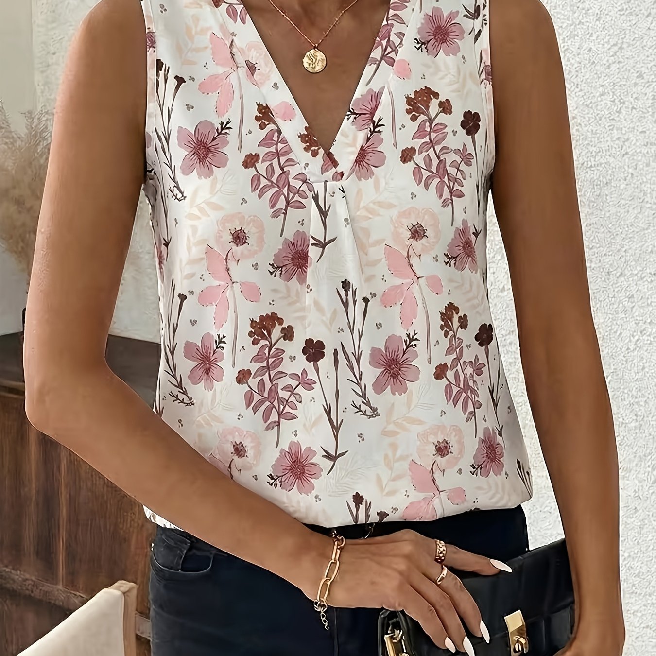 TEMU Women's V-neck Tank Top, Elegant Floral Print Sleeveless Blouse, Casual And Stylish, Suitable For Summer
