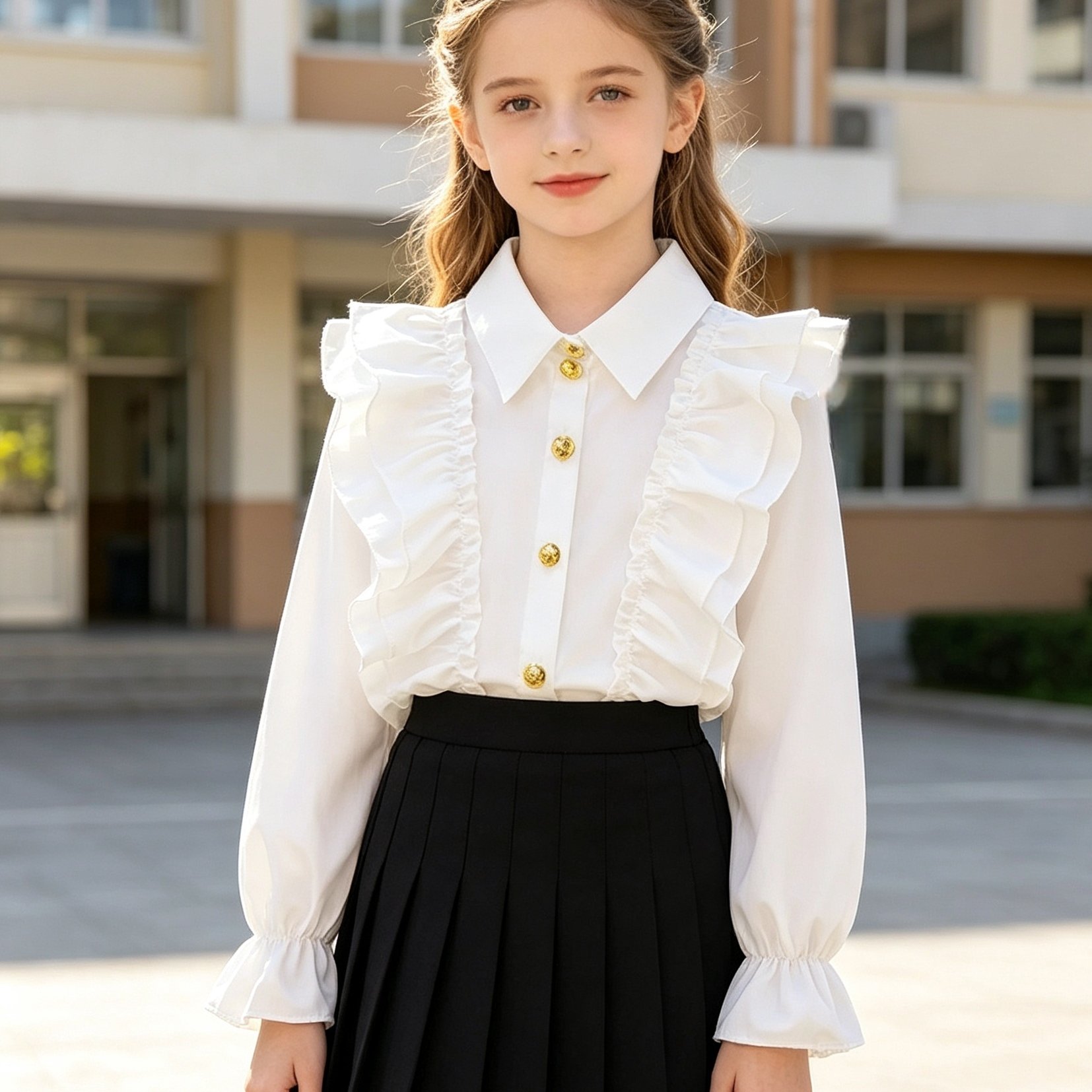 Image of Girls' Long-sleeve Shirt With Metal Buttons, Jk Uniform Style, Sweet Lapel Blouse For Middle And Older Toddlers, Fashionable And Versatile Top