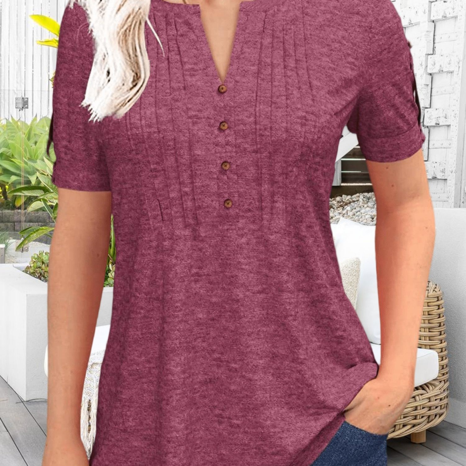 Women's Summer V-neck Pleated Short Sleeve Casual Top