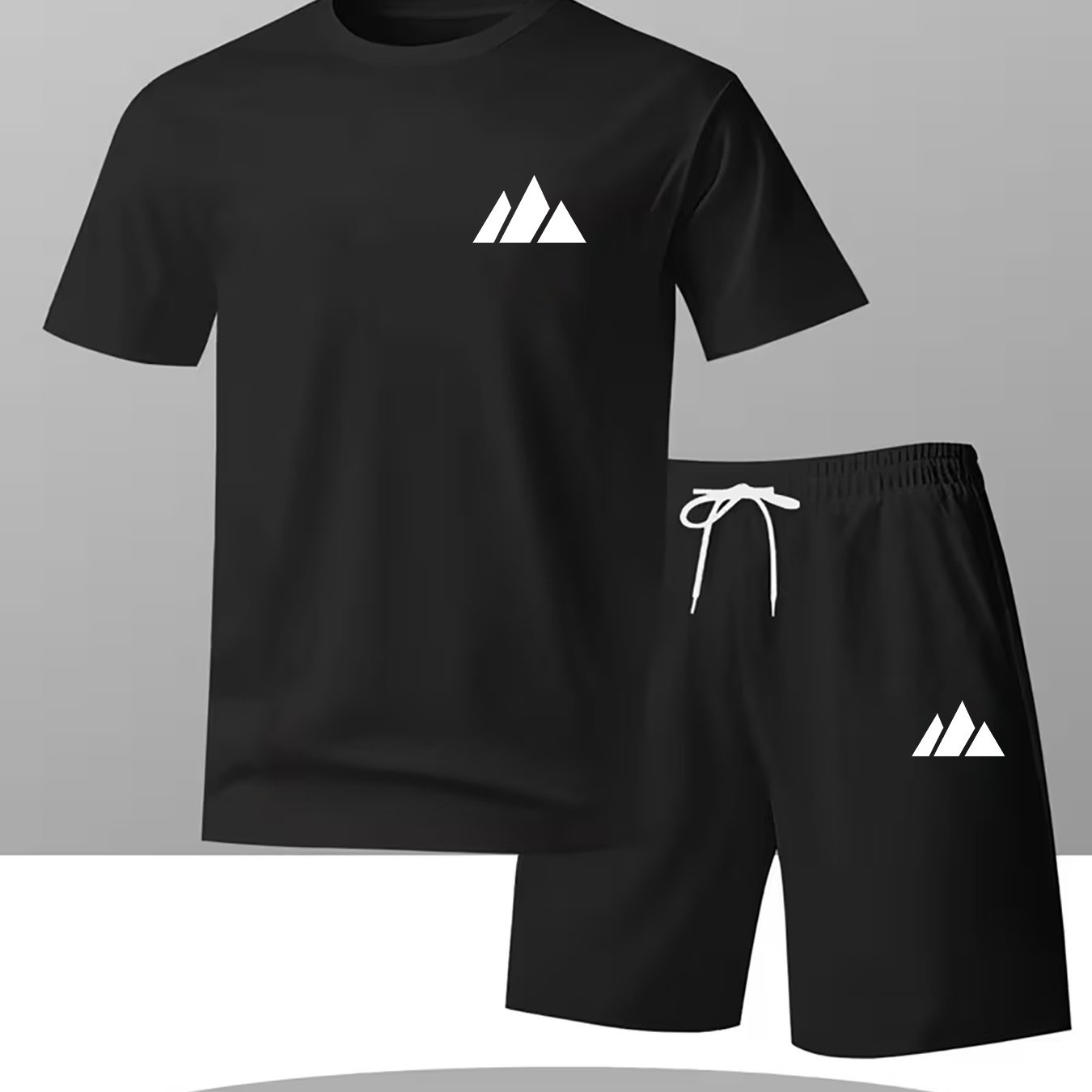 TEMU Men's Casual Sports Two-piece Suit - Daily Wear, Black Triangular Mountain Print Summer Men's Breathable Comfortable Outdoor Casual Suitable For