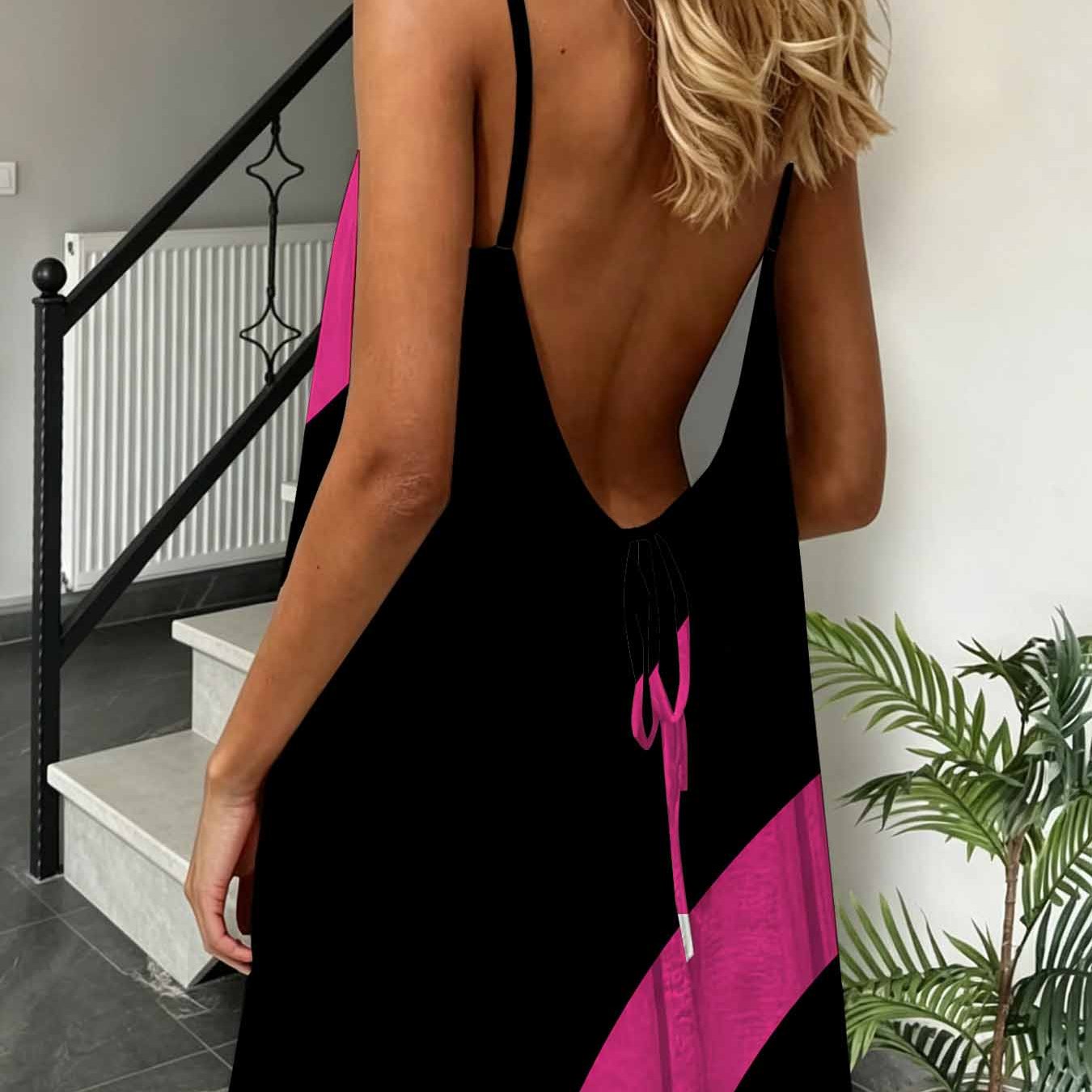 Image of Plus Size 08xl Modern Minimalist Style, Abstract Hot Pink Print Backless Mini Dress, Spaghetti Strap Drawstring Back Casual Sundress, Loose Fit Summer Beach Dress For Curvy Women