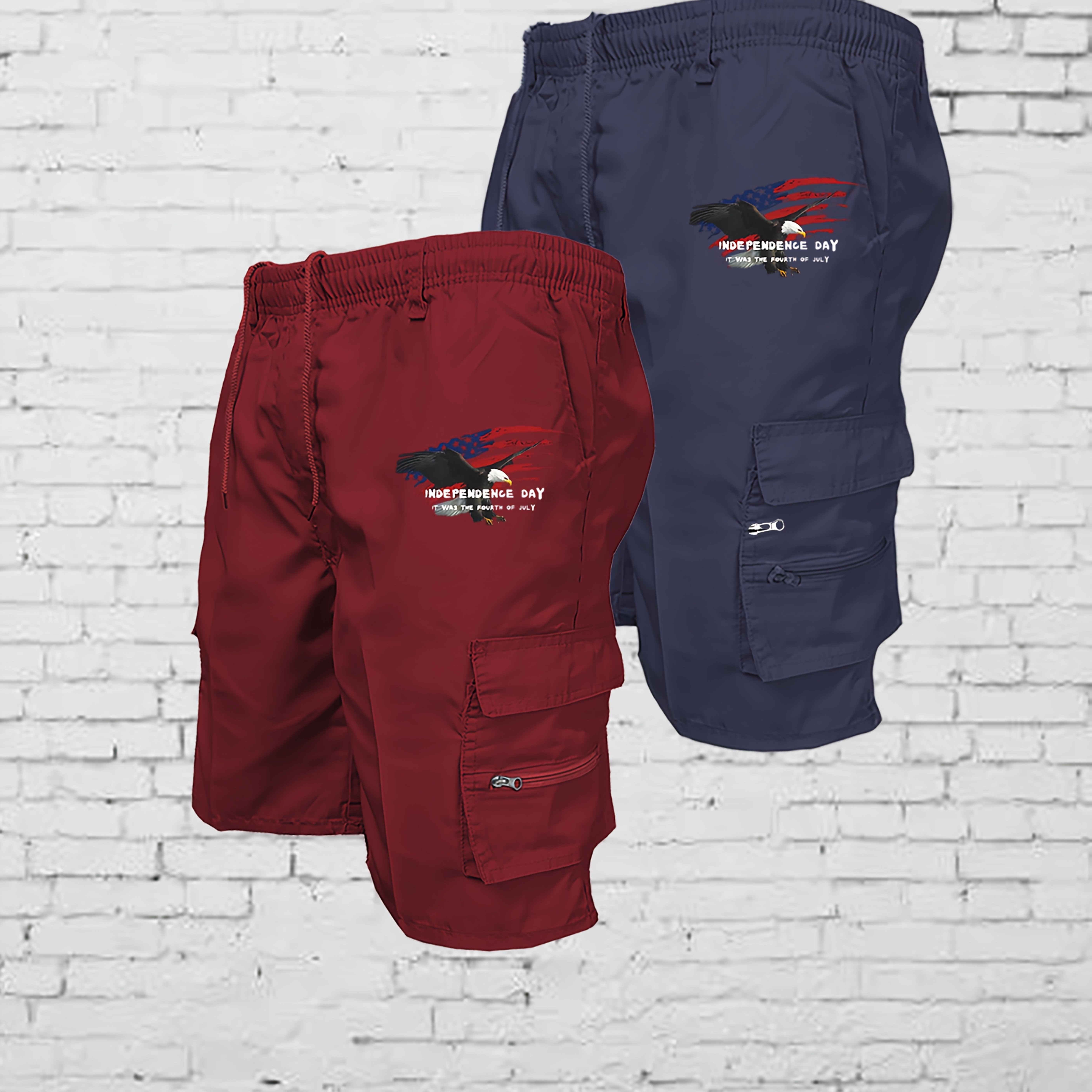 Image of 2-pc Men' Color Day Themed Print Cargo Shorts Outdoor Hiking Adventure Multi-pocket Utility Shorts Drawstring Waist Shorts With 3d Pockets For Outdoor Leisure And Work