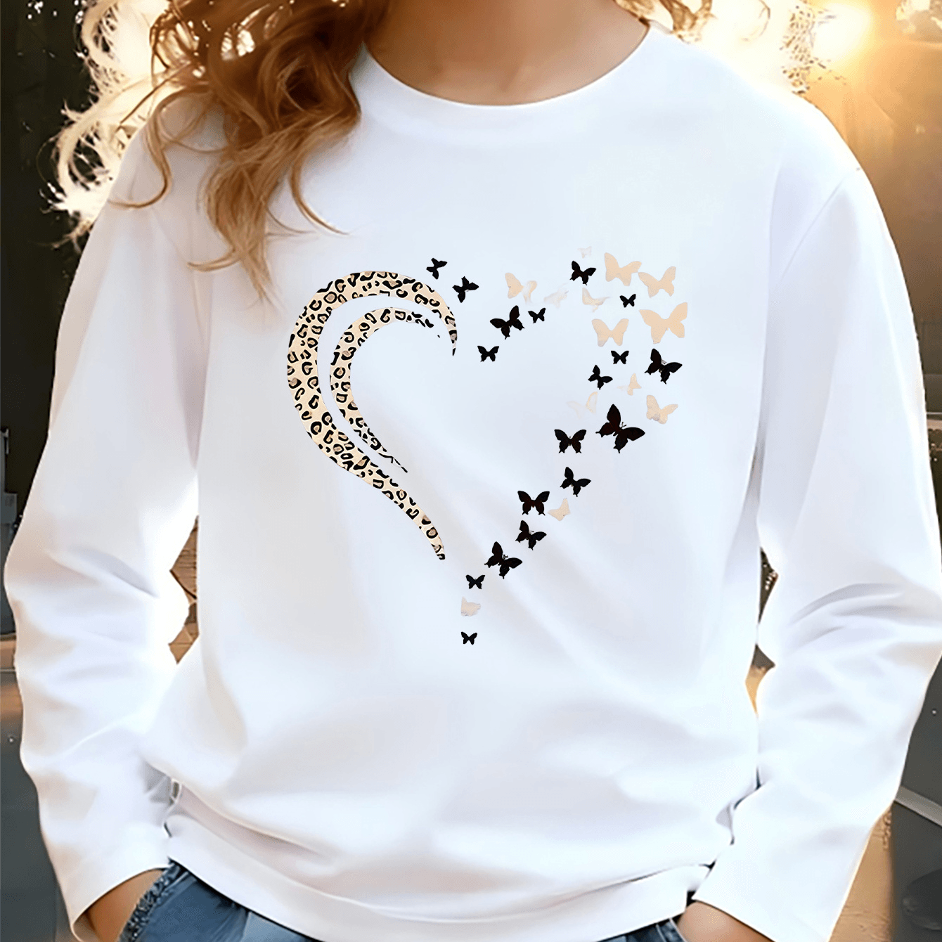 Image of Round Neck Sweatshirt Leopard Heart Pattern Trendy Print Sweatshirt Neck Sweatshirt Pure Cotton Terry Thickened Round Neck Sweatshirt Autumn Winter Daily Wear School Outdoor Gift For Daughter Niece