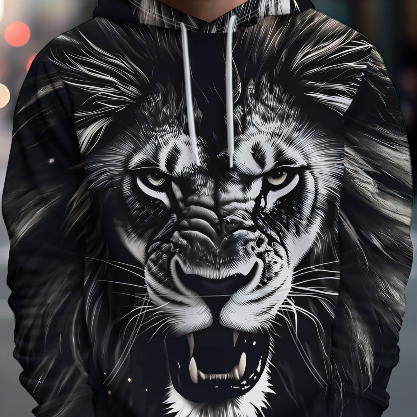 TEMU Men's Streetwear Brand Hooded Sweatshirt With Black And White Featuring A , Gaze And Flowing Mane - Full Of Streetwear Brand Style, Rich In