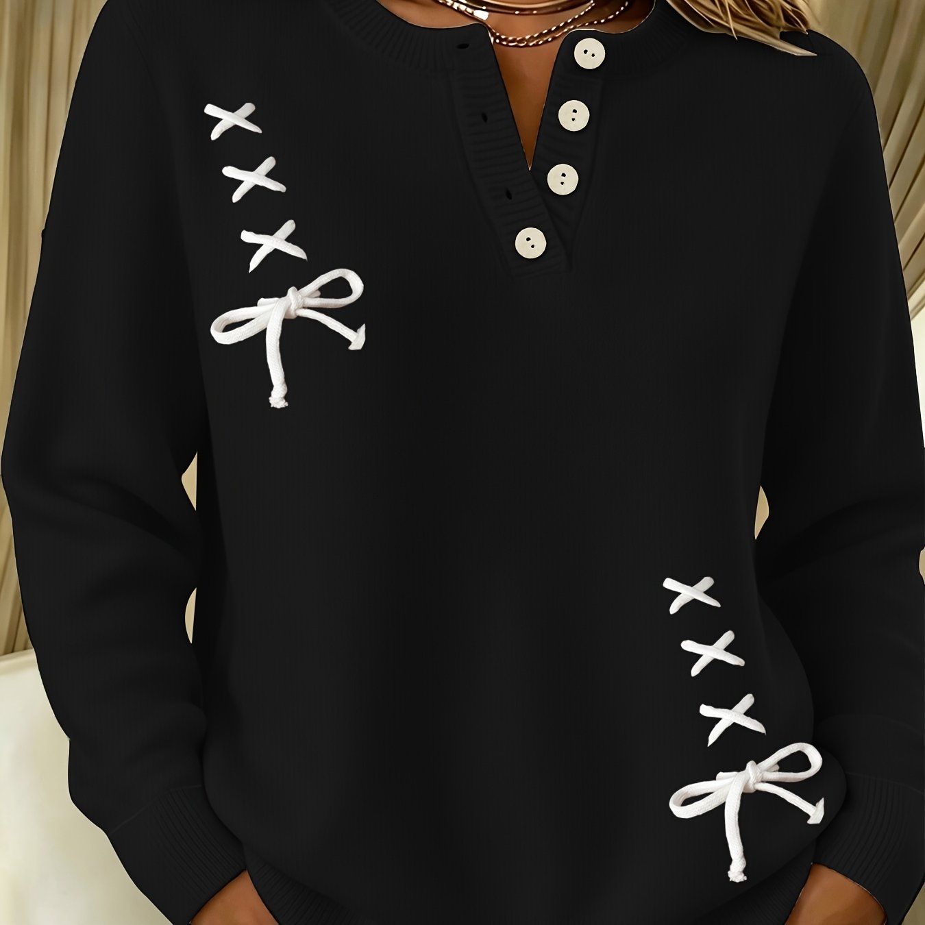 TEMU Women's New Fashionable Half-button Sweater, Featuring A Round Neck And Long Sleeves, With A Beautiful Printed Design. A Stylish, Trendy, And