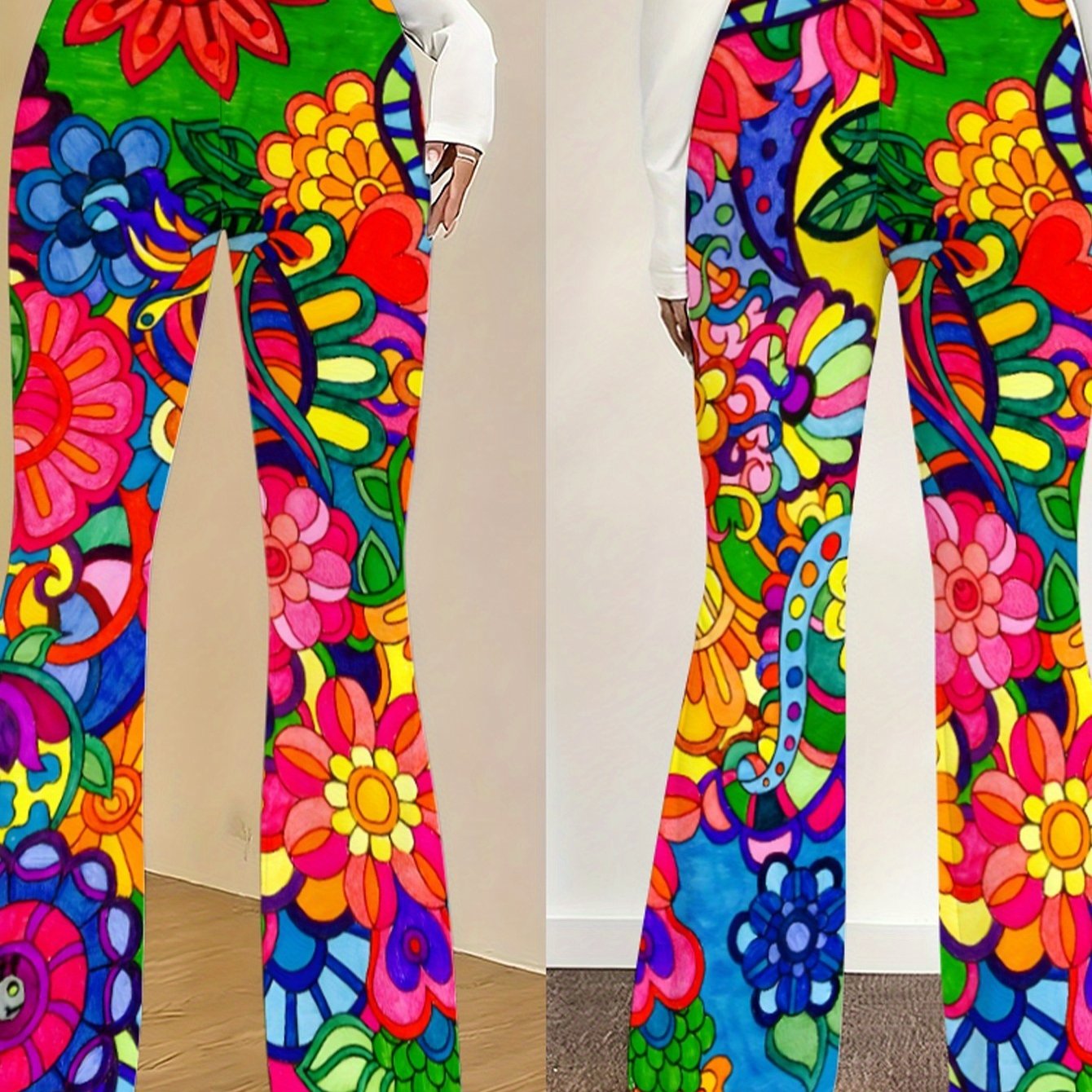 TEMU New Women's Bohemian Print Flared Pants, Slim Fit, Body-hugging And, With Clear Print Pattern, Medium Stretch, Wrapping And Durable Fabric,