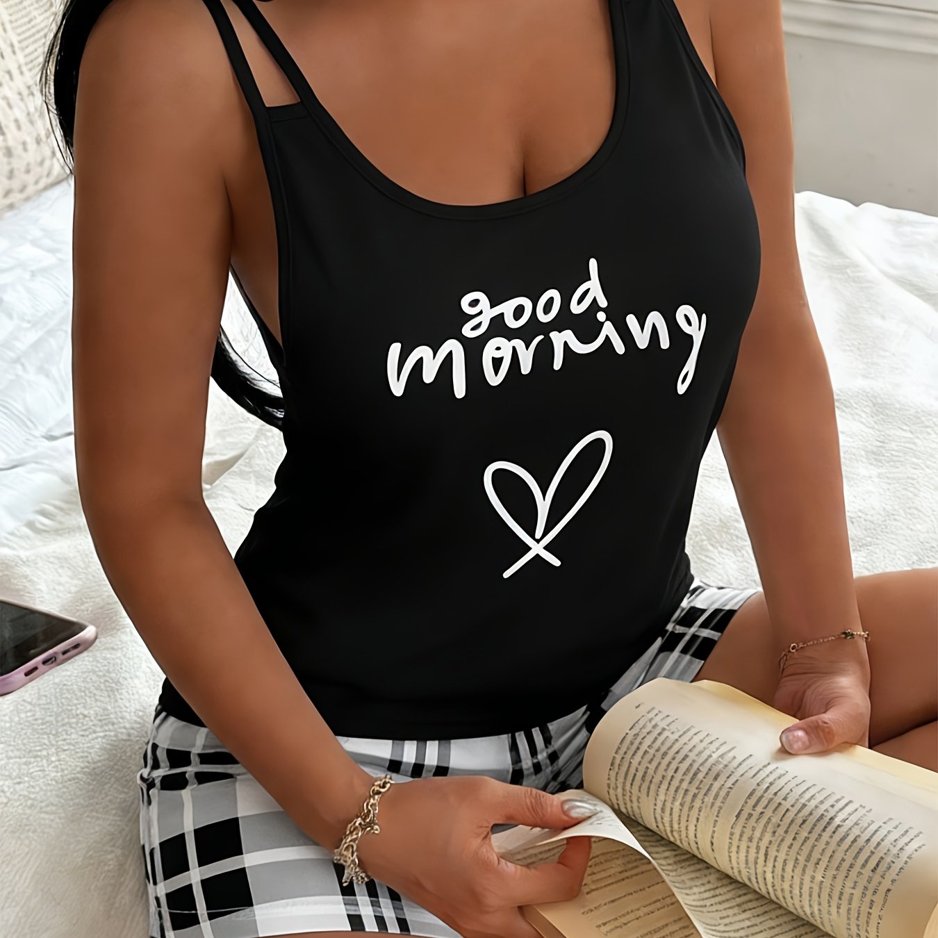 Women's "" Heart Print Double-strap Camisole Tank Top And Black & White Checkered Shorts Pajama Set
