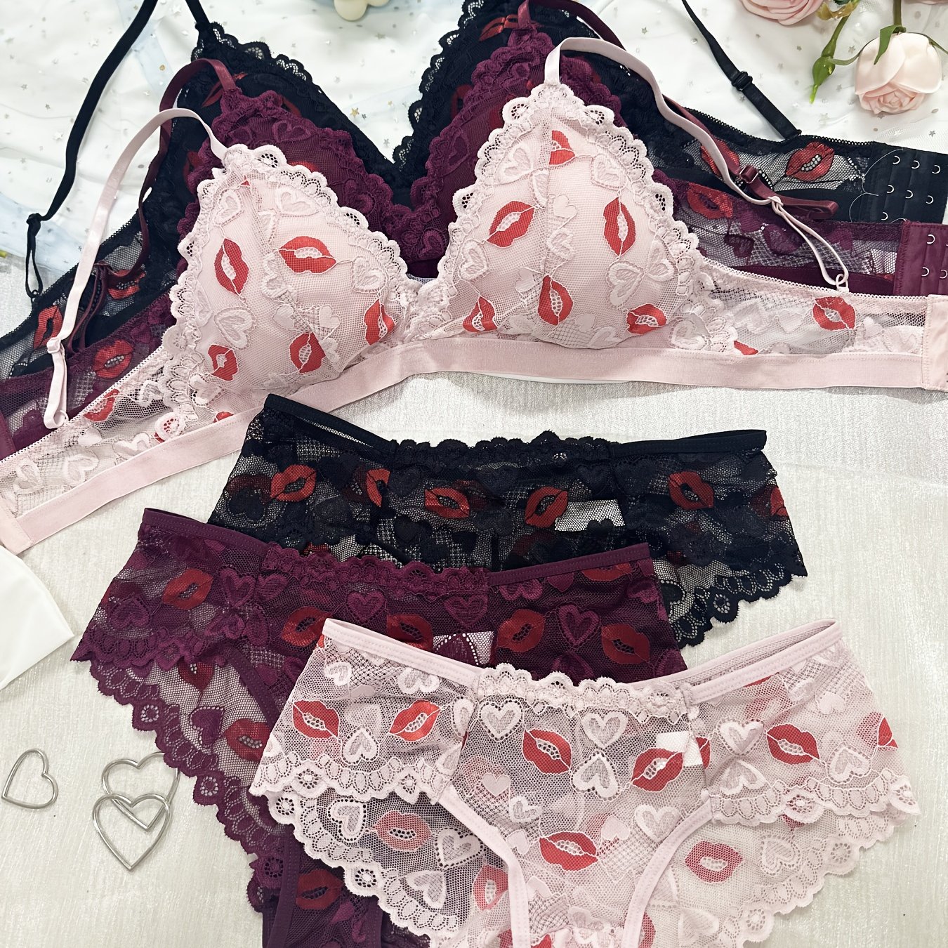 TEMU 6pcs Lace Bra Set With Tender Red Lip Design â Soft, Skin-friendly Fabric A Lightweight And Comfortable Experience. The Stylish Yet Casual
