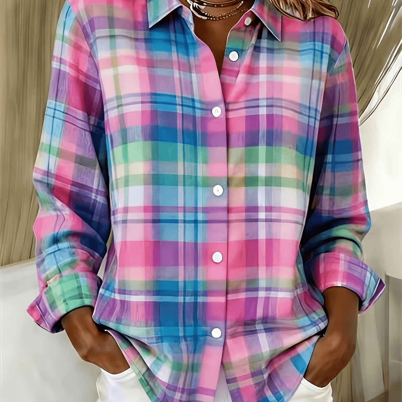 TEMU Women's Long Sleeve Lapel Casual Fashion Print Button Shirt Beautiful Button- Cardigan Top