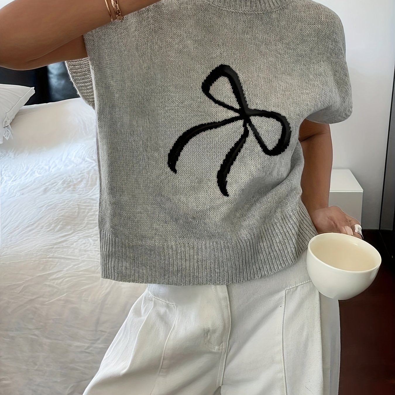 E-shop Damen Kurzarm-Pullover mit Schleife – Elegantes lässiges Oberteil
