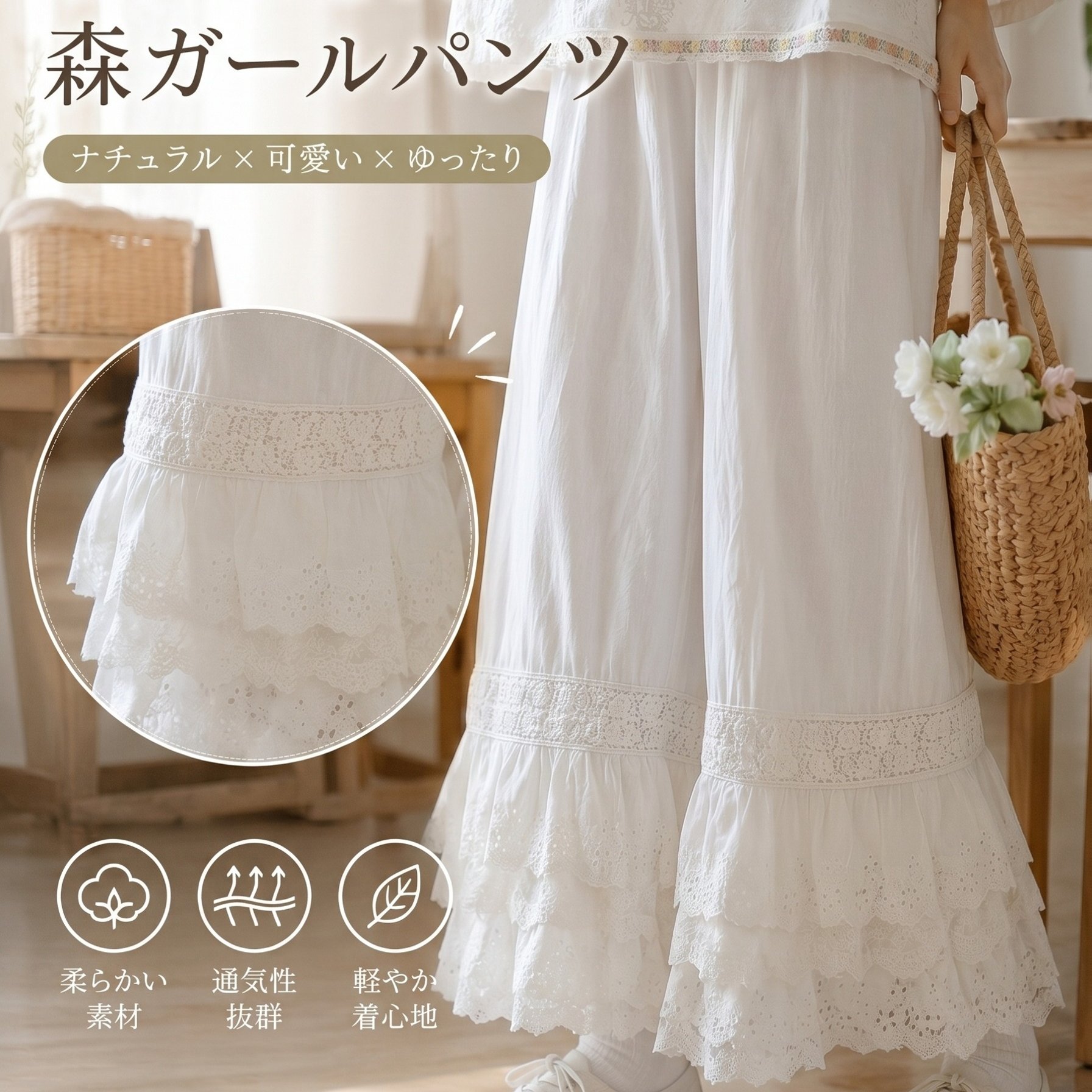 TEMU 【商品名】レースヘムフリルトリム付き ワイドレッグパンツ、ルーズフィット トラウザーズ 春夏、キュートなド丈、ペチコート付き、快適で涼しい、ゴムウエスト、ボトムペチコート