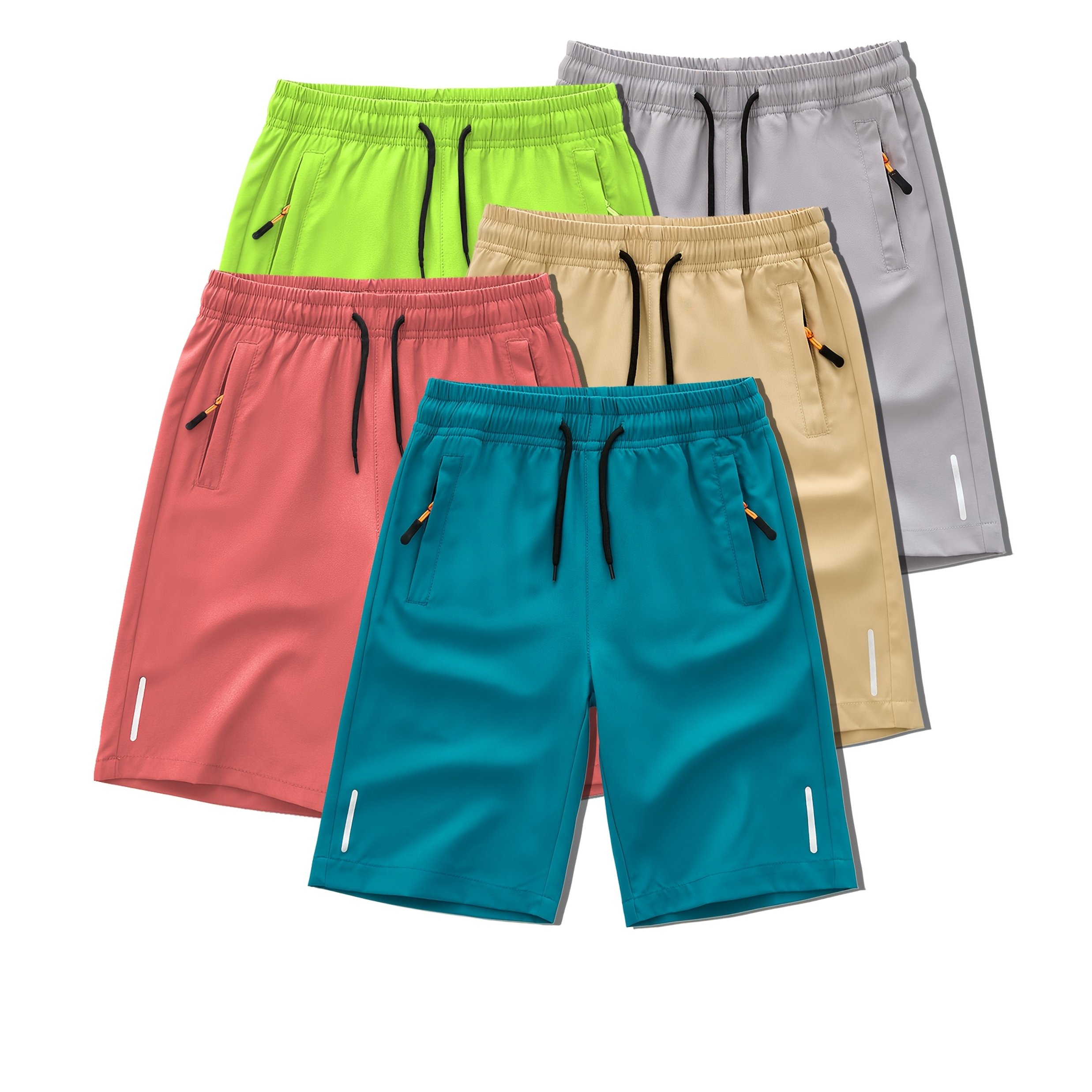 5pcs Set Of Trendy Summer Shorts For Boys With Breathable Fabric, Drawstring, And Zip Pockets, For Outdoor
