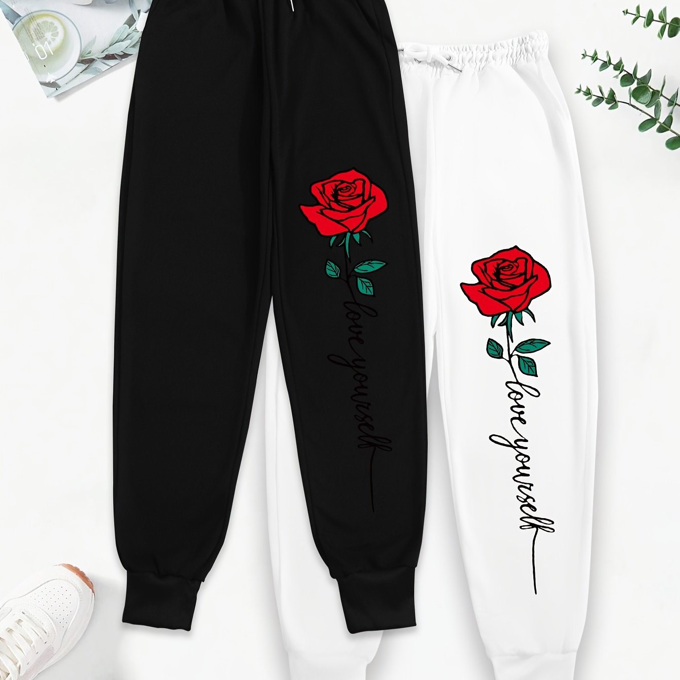 TEMU 2pcs Pantalons à imprimé de dessin , Pantalons de jogging décontractés à cordon de serrage à la taille, Vêtements pour femmes