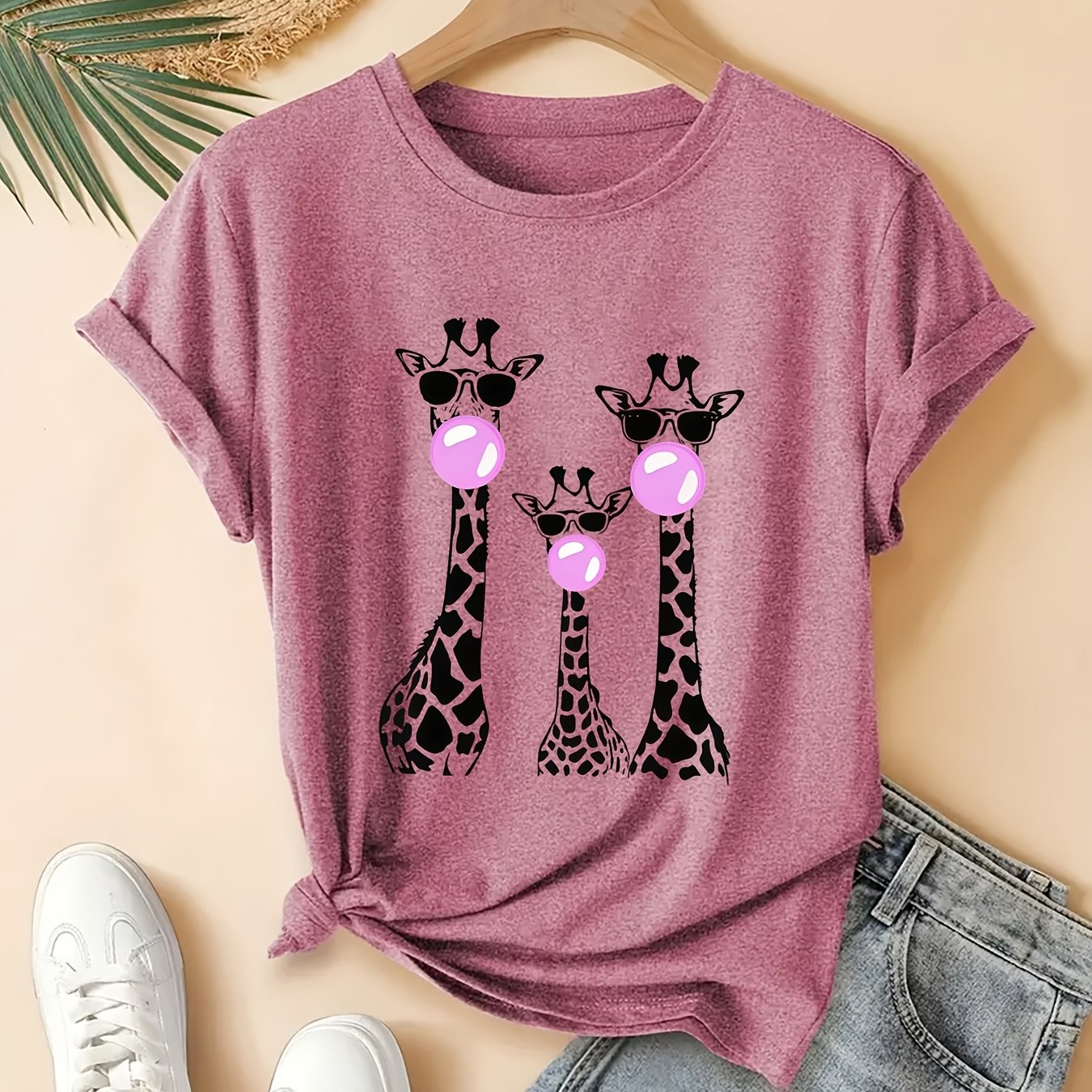 TEMU Plus Size Women's Animal Print Short Sleeve Bubble Blowing Deer Round Neck Elegant Cute Summer T-shirt Fashion Vacation Daily Versatile Vintage