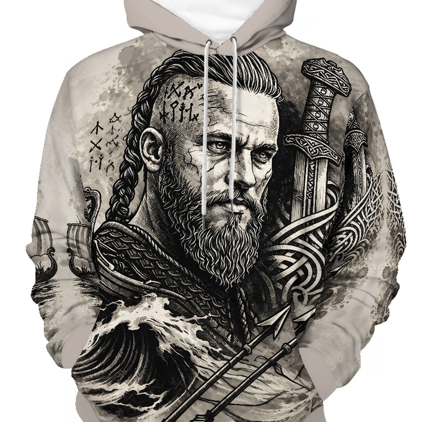 TEMU Sweat à capuche pull pour homme à manches longues, motif numérique imprimé intégral d'un nordique avec épée longue, navire de guerre et de