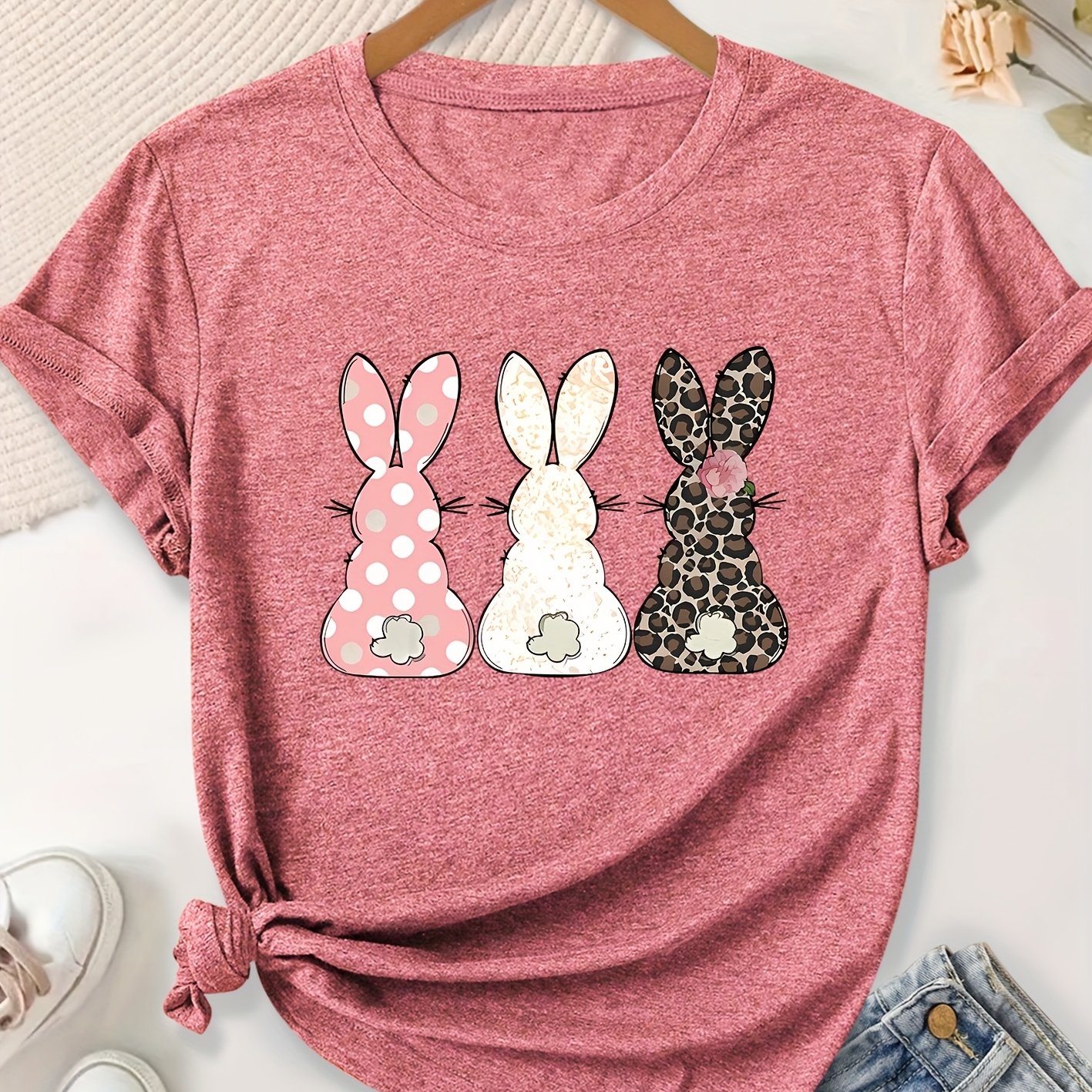 TEMU Women's Casual Cute Leopard Print Colorful Bunny Ears Series English Letter Gift Print Round Neck Short Sleeve T-shirt For Spring, Summer,