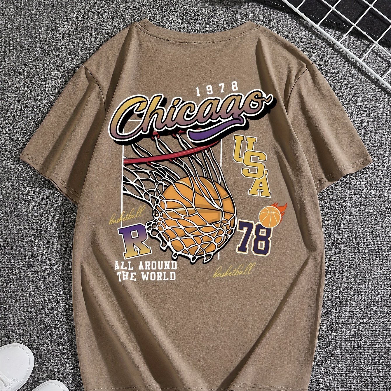 TEMU Men's Basketball Pattern Print, Summer Round Neck T-shirt