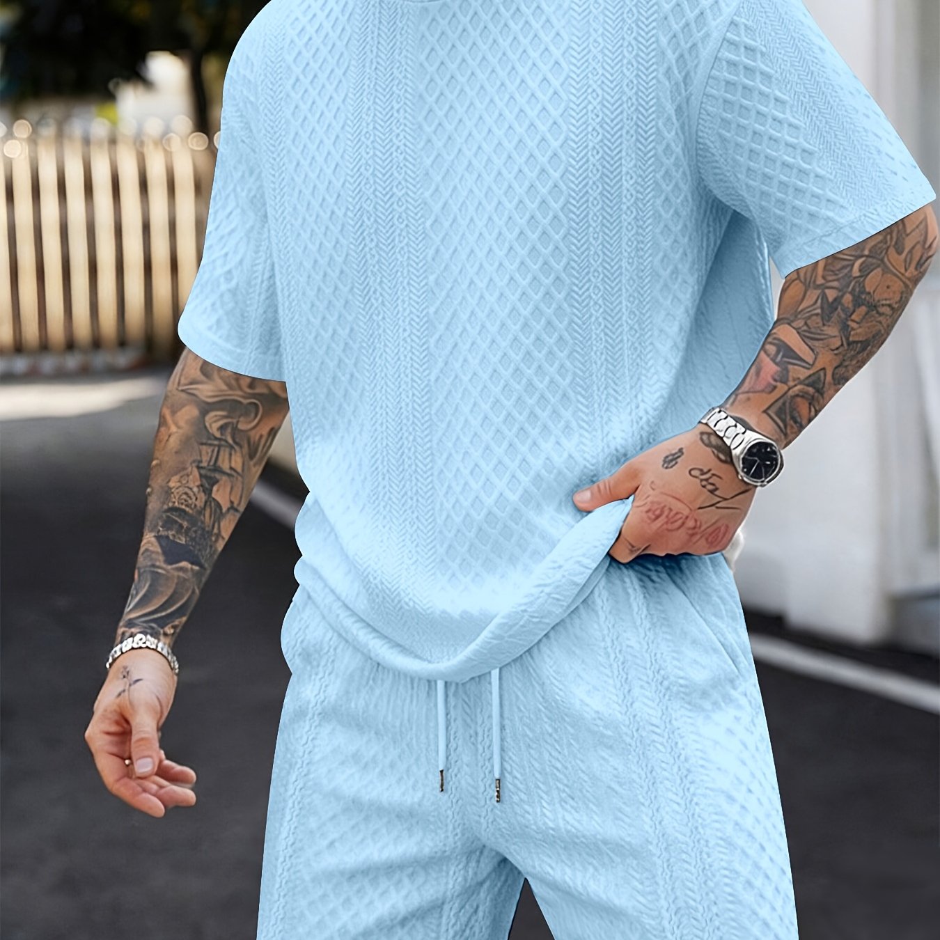 TEMU Men's New Textured Fabric Crew Neck T-shirt   Drawstring Shorts Set