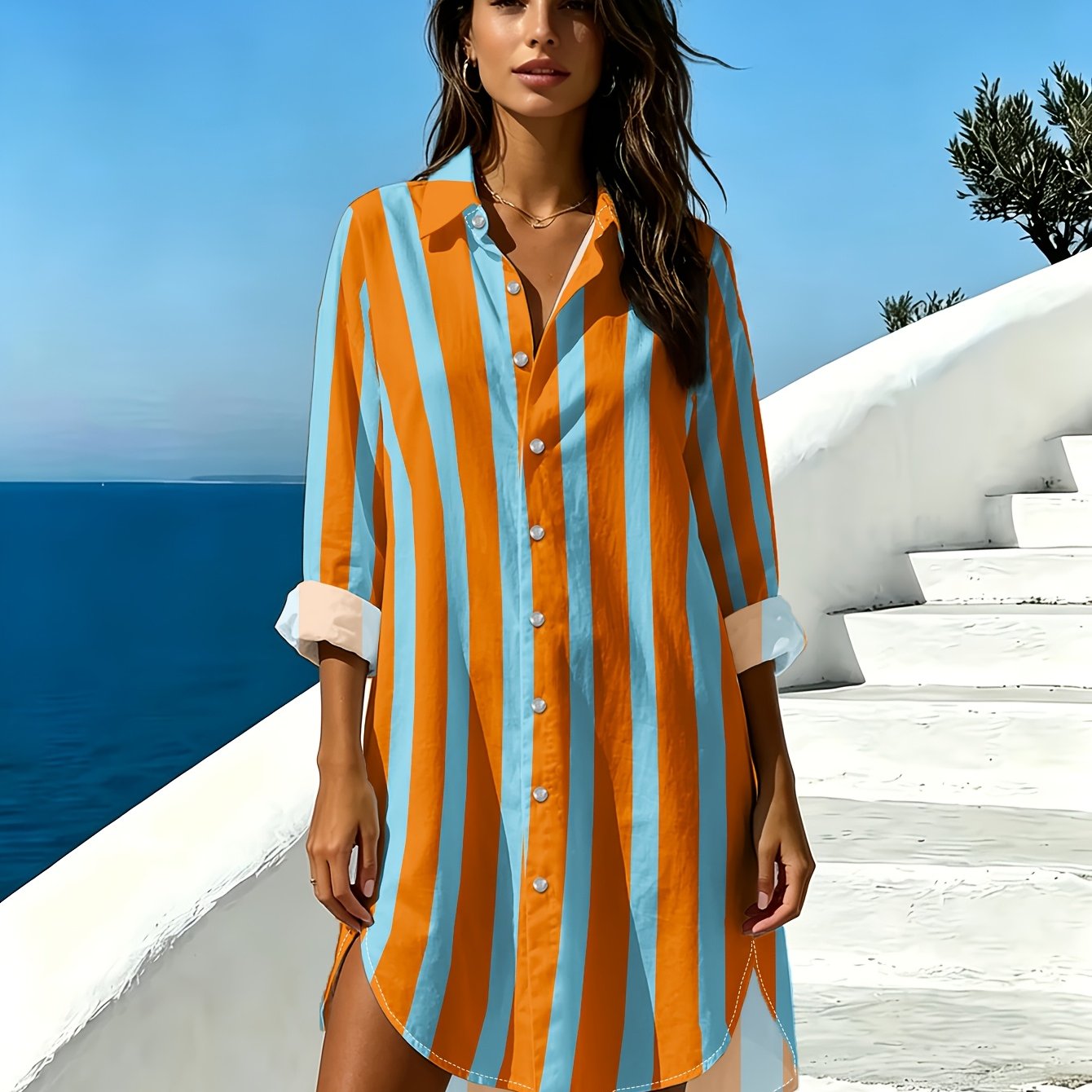 TEMU Casual Sports Women's Long Sleeve Shirt Dress, Orange And Blue Striped Background Pattern, Long Sleeve Casual Vacation Wear Machine Washable