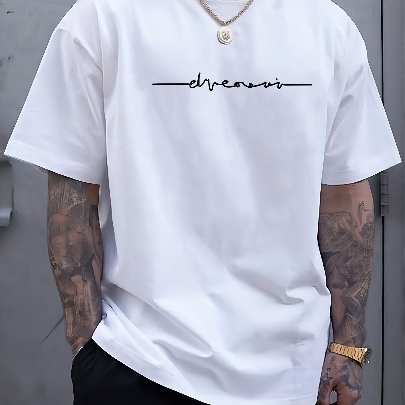 TEMU Plus Size Summer Short-sleeve Graphic Print T-shirt, Versatile Men's Inner Layer Base Shirt, Short Sleeve, Plus Size