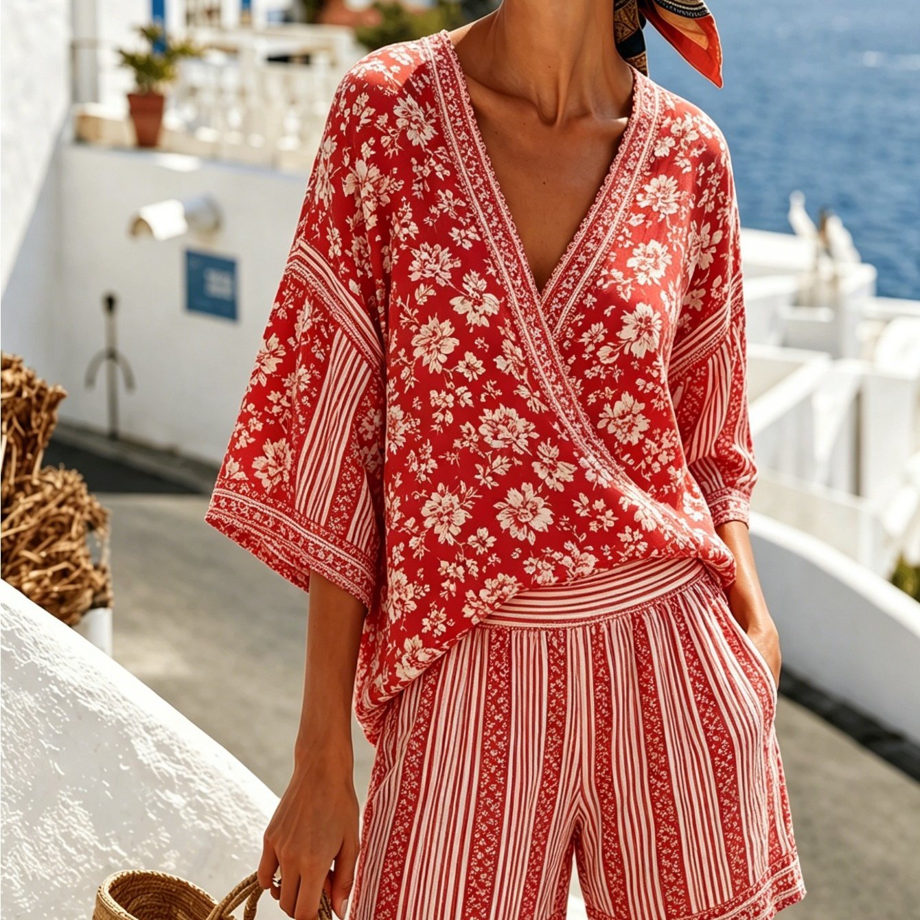 Image of Plus Size, Floral Stripe Print Plus Size 2pcs Outfit, V-neck Top & High Waist Shorts, Breathable Summer Beachwear