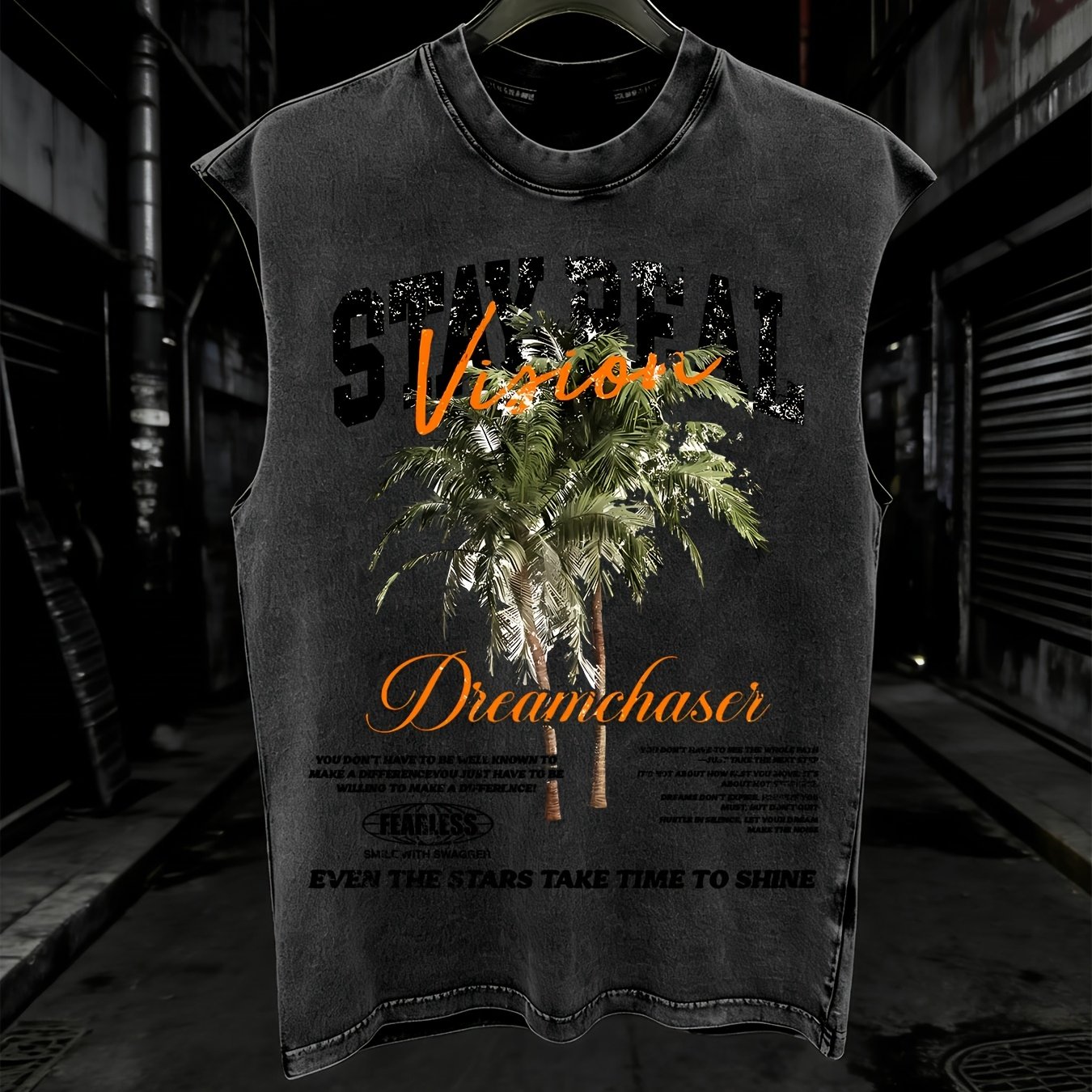 TEMU Vision With Quote Reversible Printed Tank Top, Washed Aged 230g Washed Loose Fit Sleeveless Shirt For Outdoor Sports, Fitness And Street Wear -