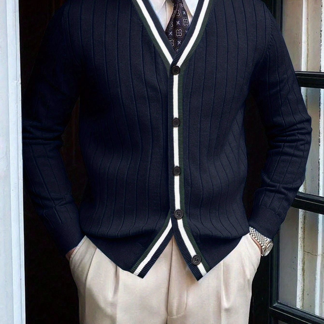 TEMU Ling Men's Fashion Autumn/winter Contrast Color Sweater Cardigan Coat