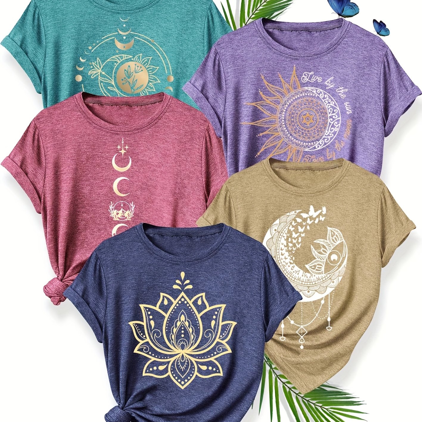 E-shop Ein Set aus 5 stylischen und retro-ästhetischen T-Shirts mit Blumen- und Mond-Print für Damen, mit einem einfachen und klaren Linien-Design, für