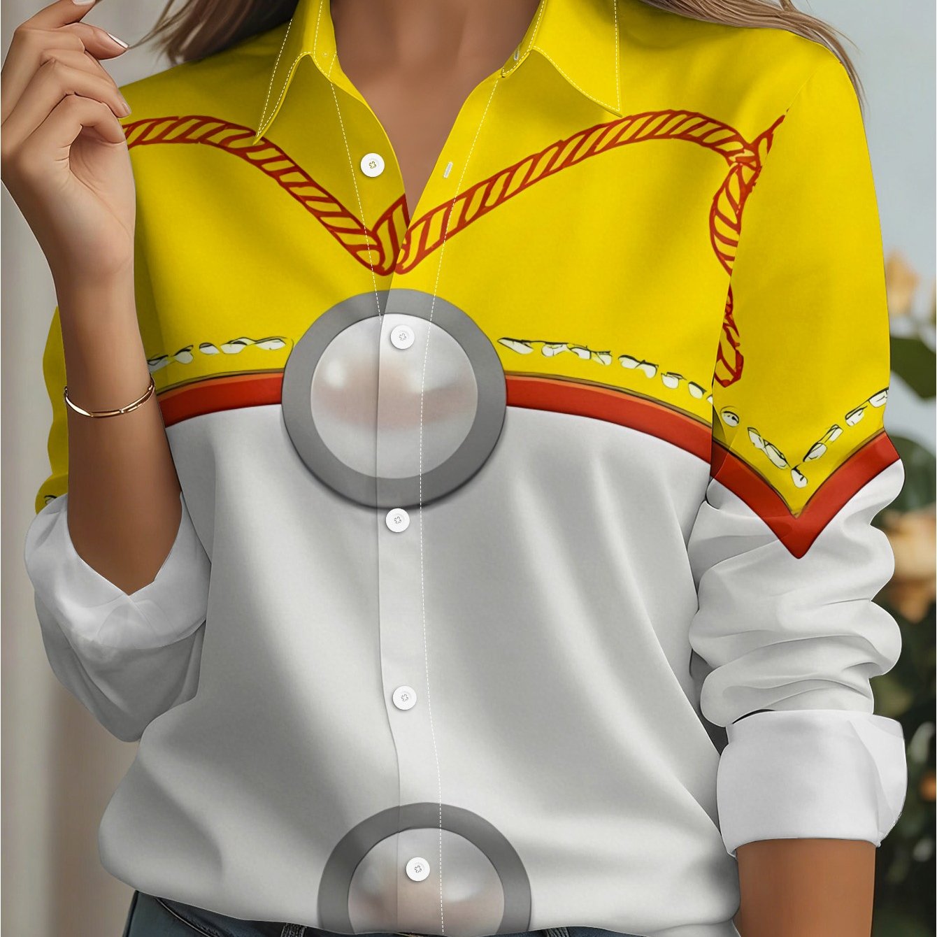 TEMU [printed Design - Not Textured] Summer New Women's Shirt Western Cowboy Retro Contrast Color Printed Lapel Single Button Loose Long Sleeve Shirt