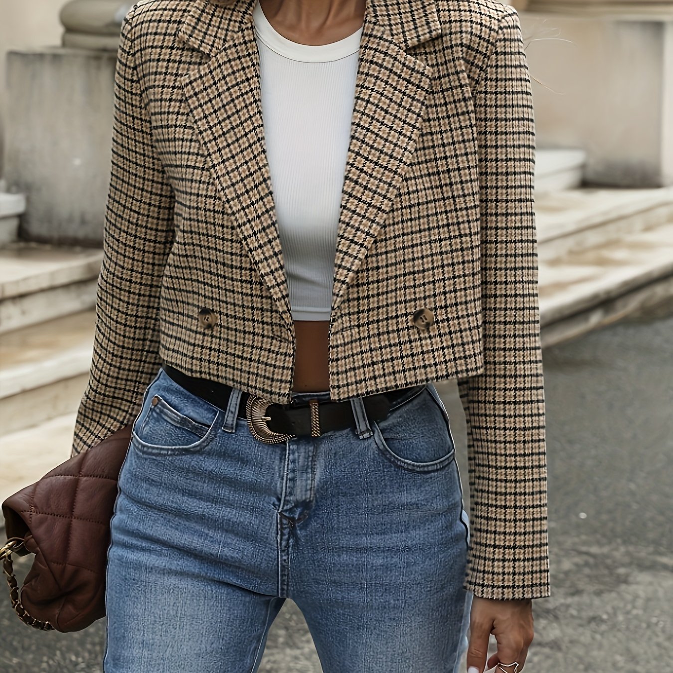 TEMU Women's /beige Double-breasted Blazer - Vintage , H-, Non-stretch Fabric Suitable For Autumn And Winter, Professional Casual Wear, Pinstripe