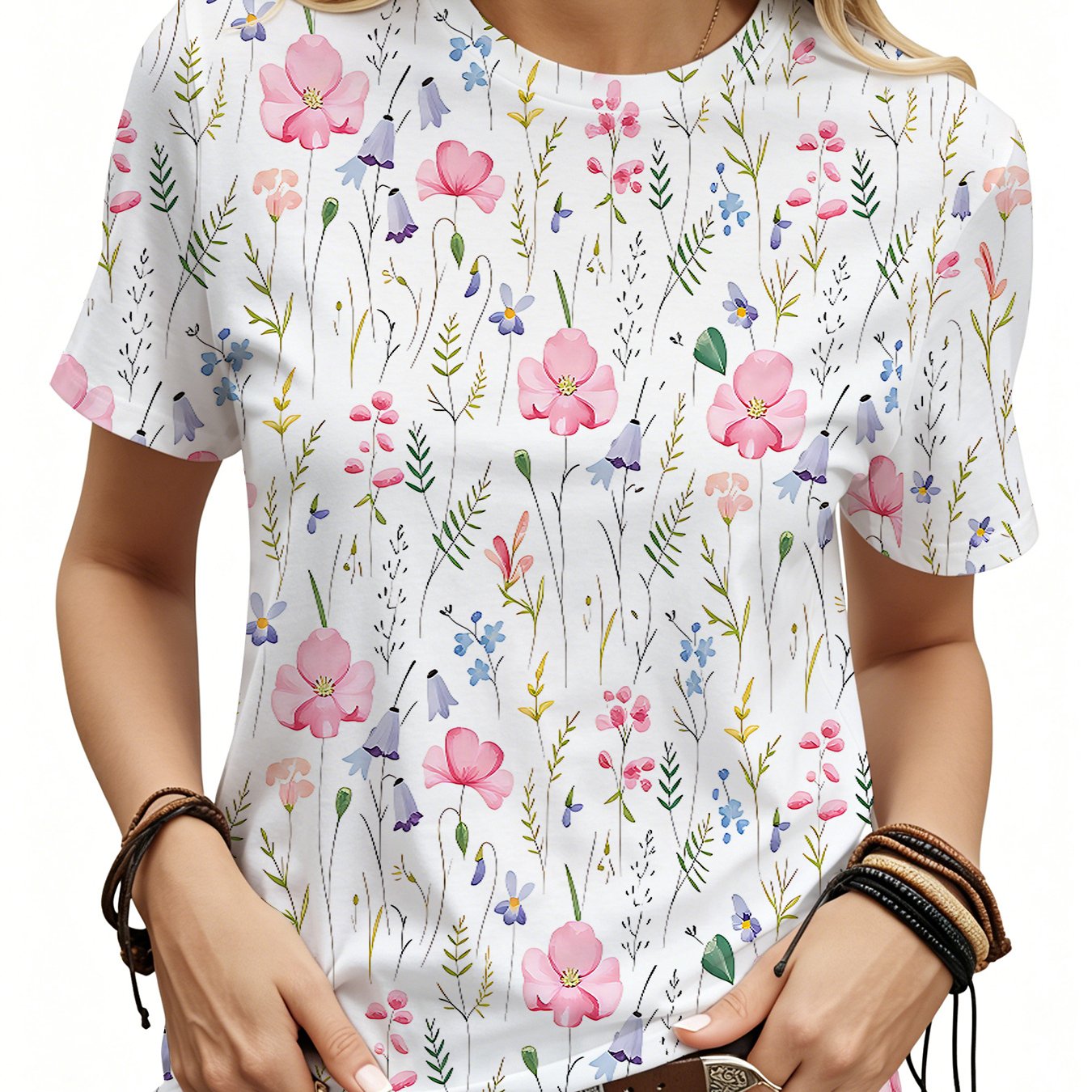 TEMU Women's Summer Fashion Watercolor Style Print T-shirt, Casual Crew Neck Short Sleeve, Pink Floral Pattern Top, Soft And Breathable Daily Casual