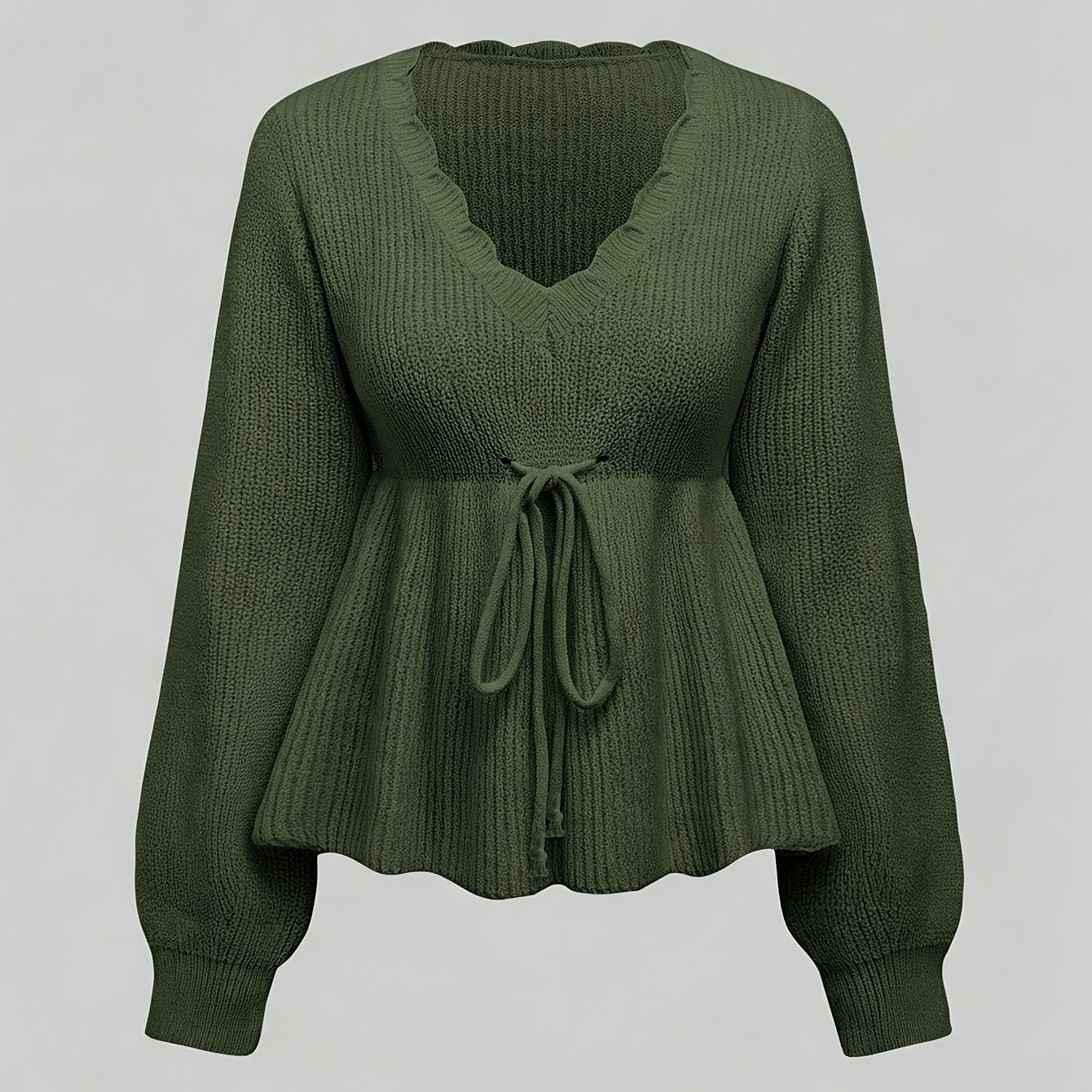 TEMU Women's Olive Green V-neck Drawstring Waist Peplum Sweater Lantern Long Sleeve Casual Pullover