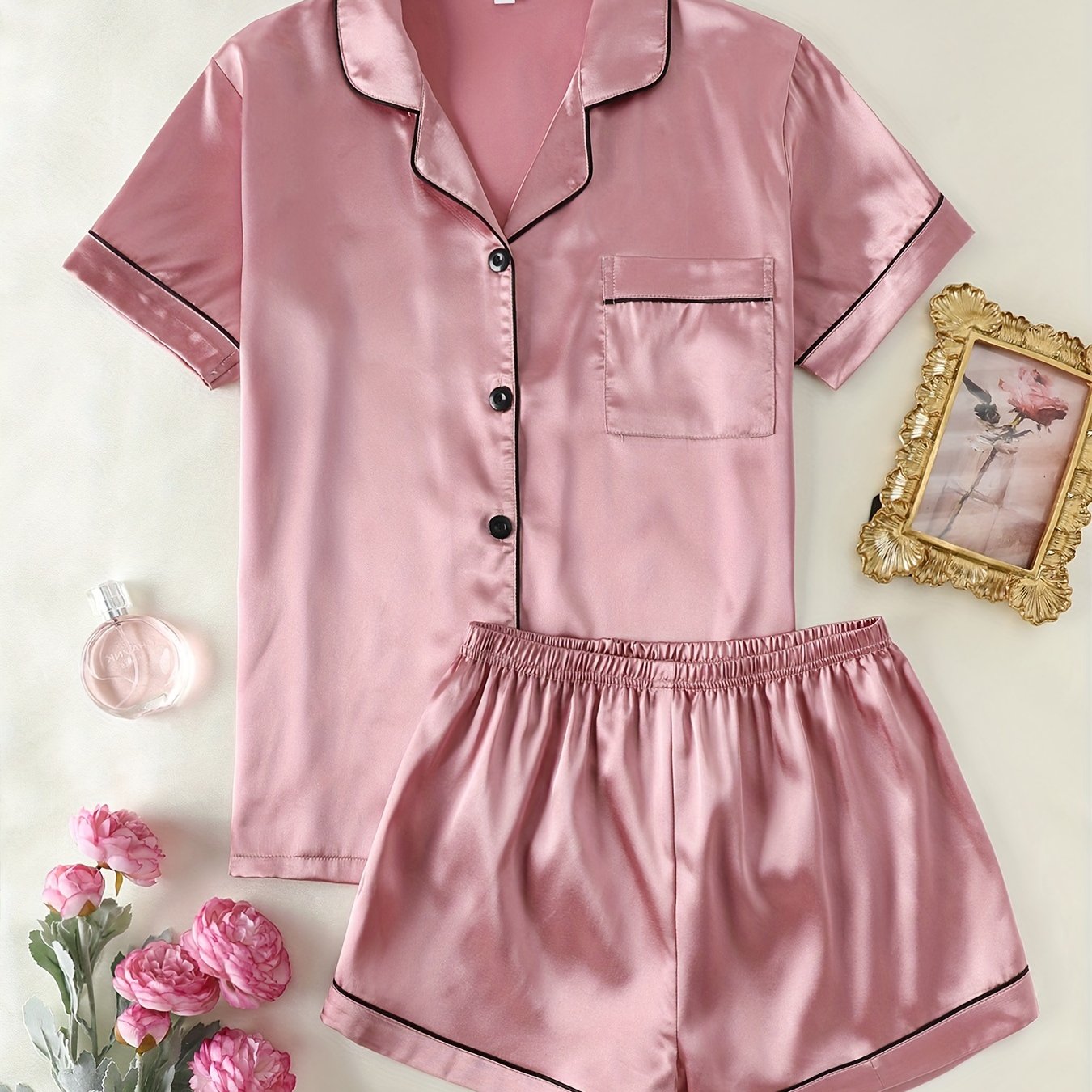 TEMU Women's Casual Solid Satin Pajama Set, Short Sleeve Button-up Lapel Top And Shorts, Comfortable Relaxed Fit, Summer Nightwear